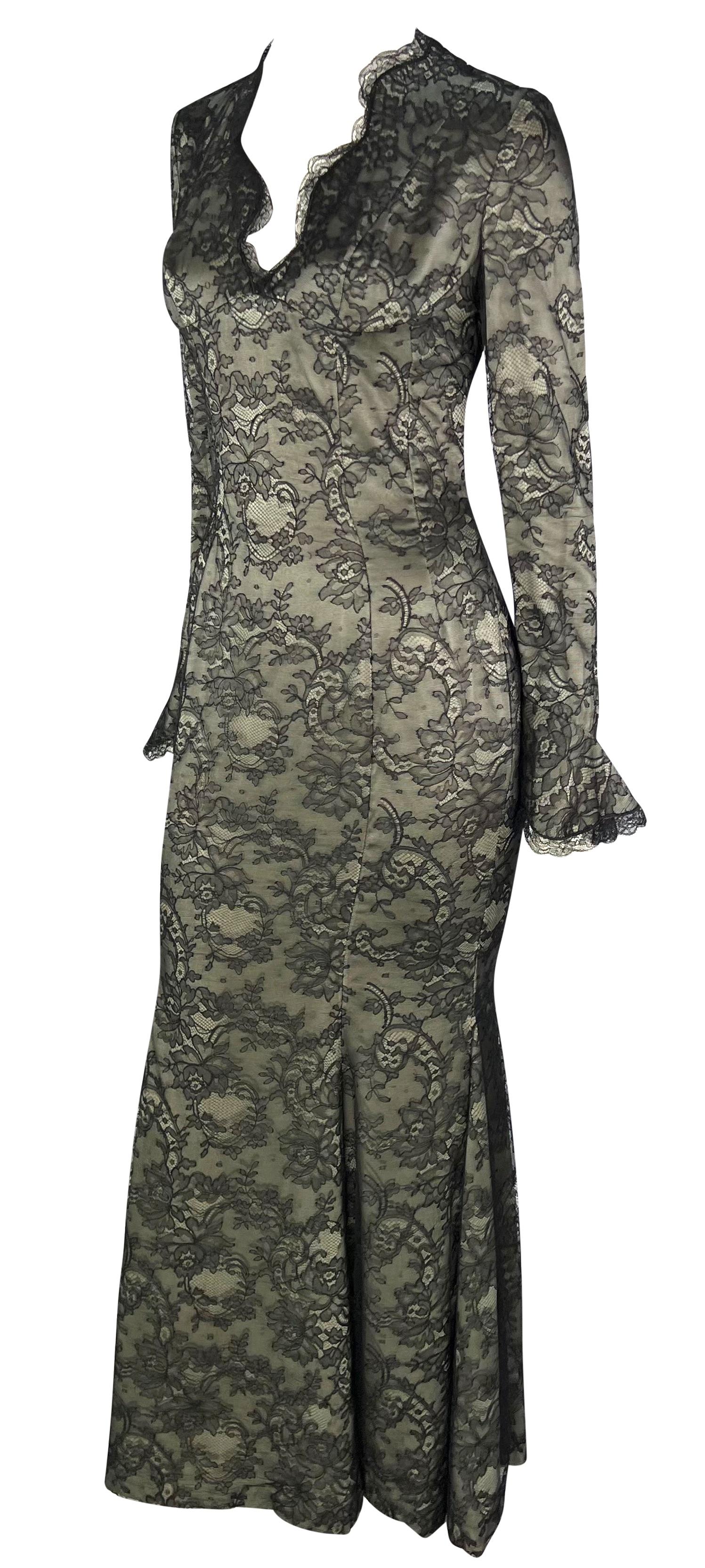S/S 1995 Thierry Mugler Plunging Taupe Satin Black Floral Lace Overlay Gown In Excellent Condition For Sale In West Hollywood, CA
