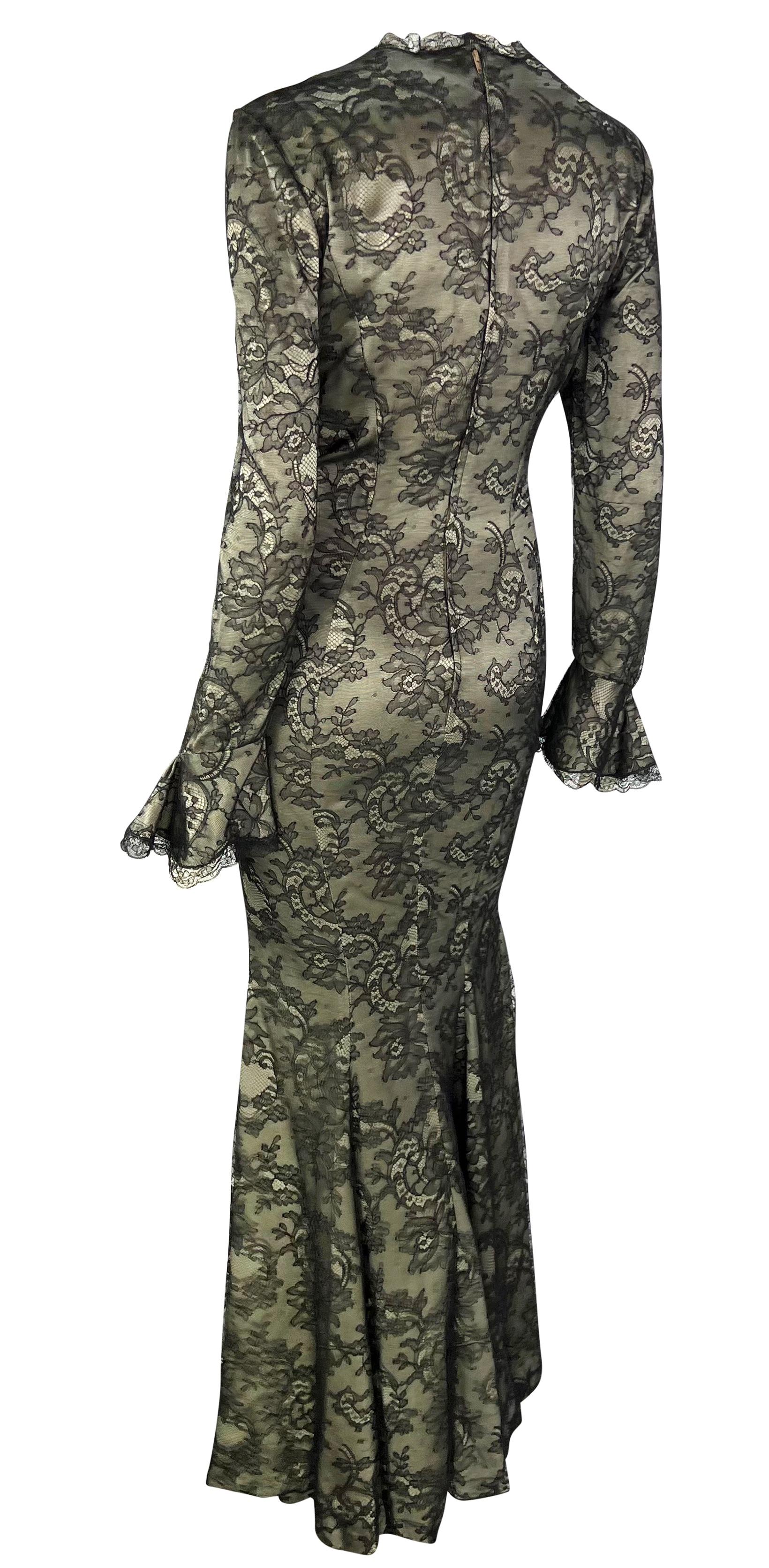 Women's S/S 1995 Thierry Mugler Plunging Taupe Satin Black Floral Lace Overlay Gown For Sale