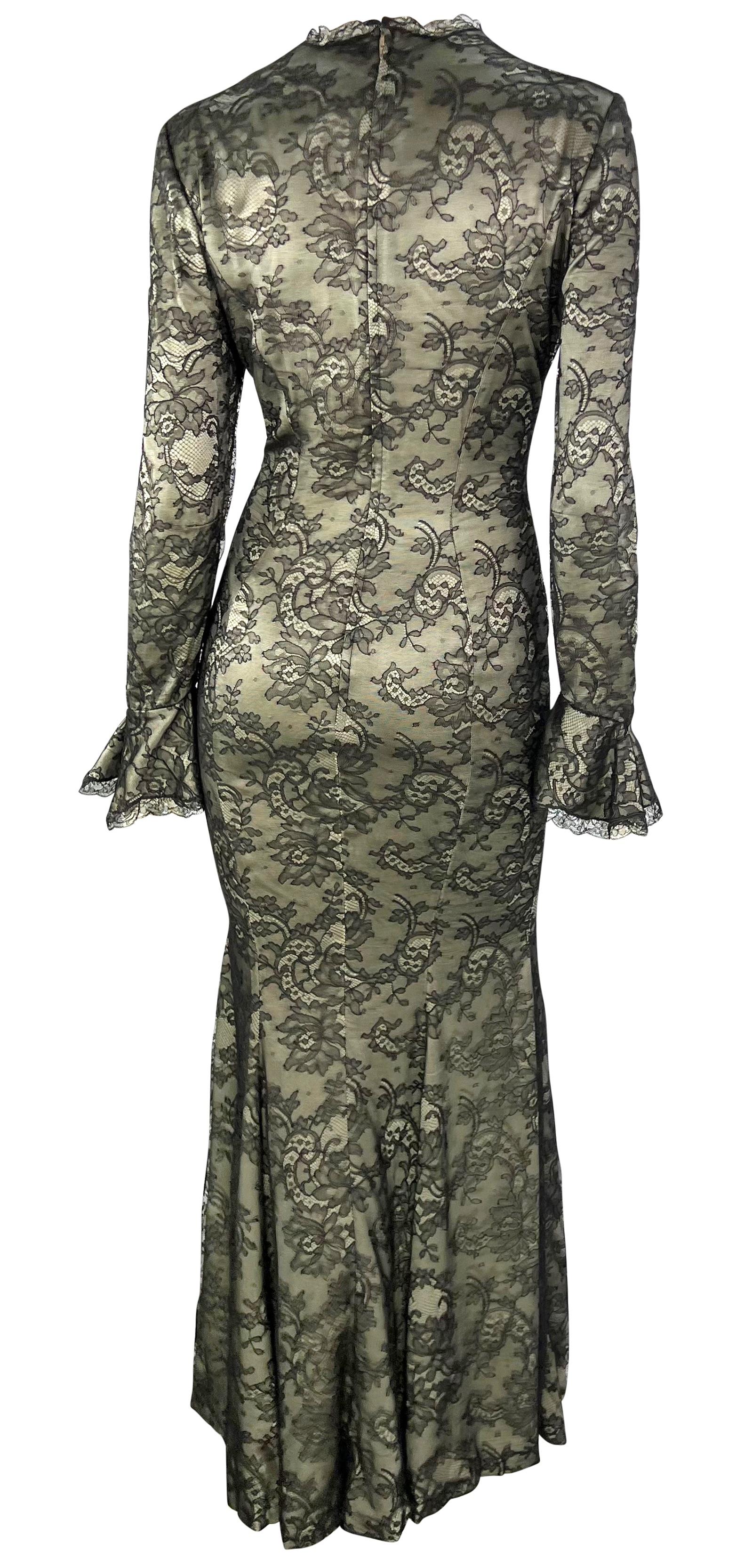 S/S 1995 Thierry Mugler Plunging Taupe Satin Black Floral Lace Overlay Gown For Sale 1