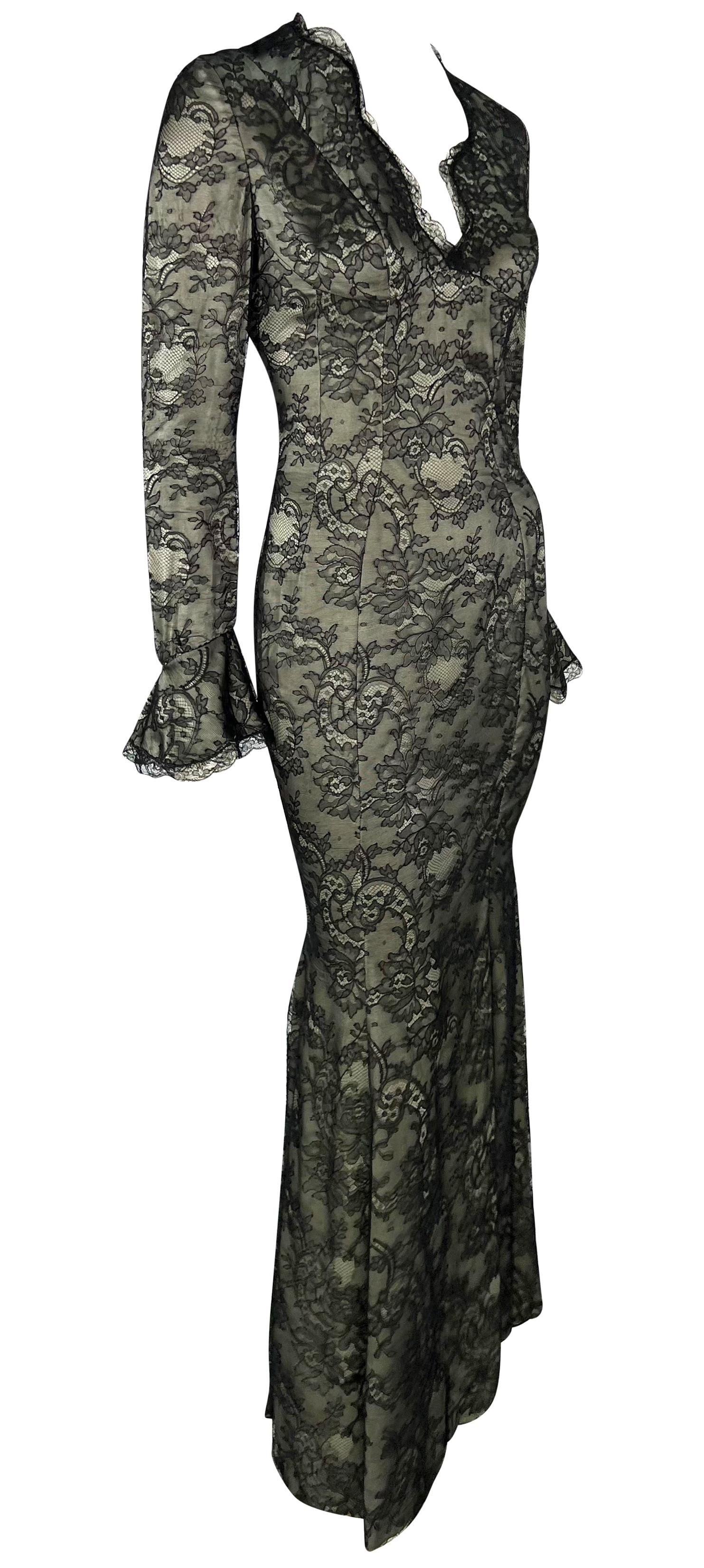 S/S 1995 Thierry Mugler Plunging Taupe Satin Black Floral Lace Overlay Gown For Sale 2