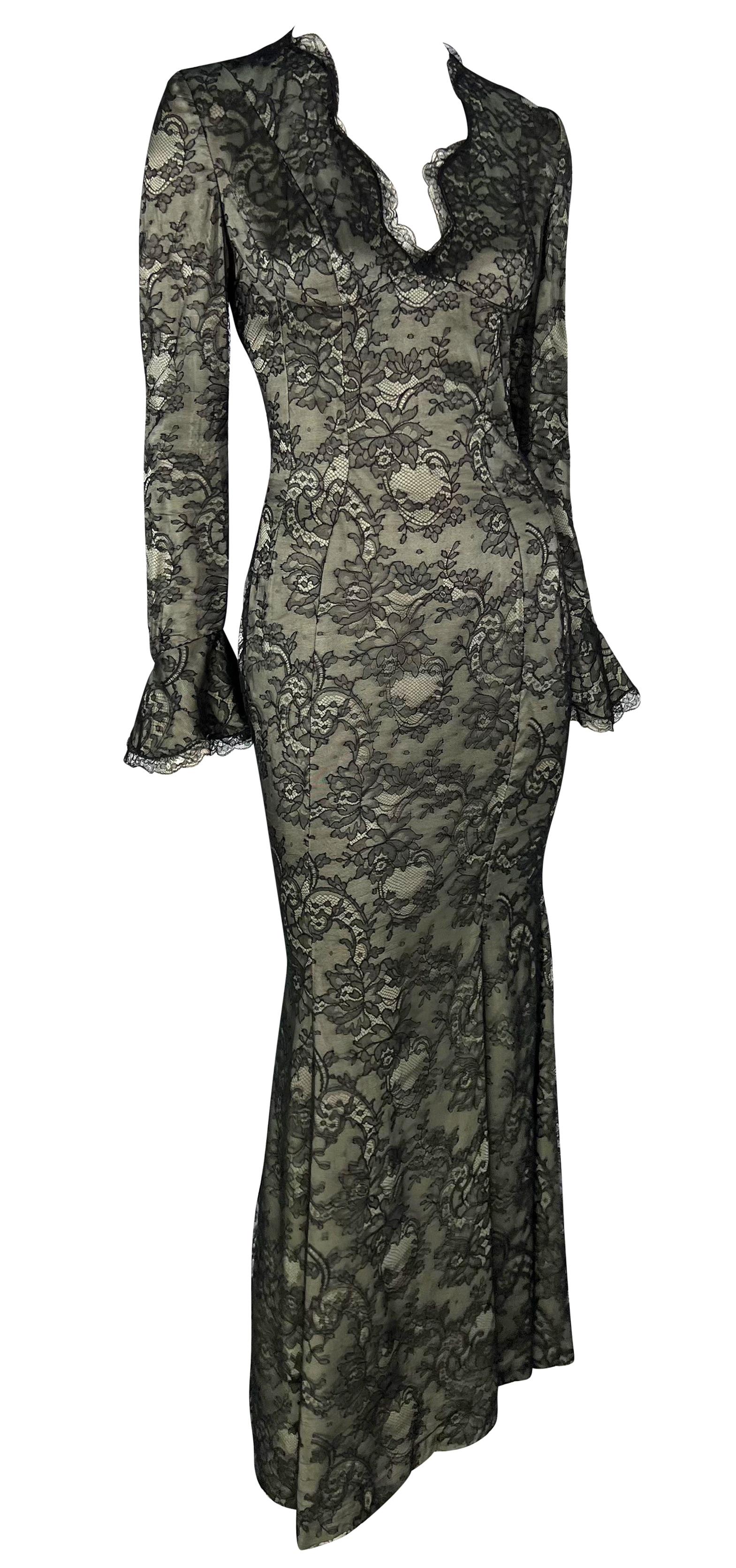 S/S 1995 Thierry Mugler Plunging Taupe Satin Black Floral Lace Overlay Gown For Sale 3