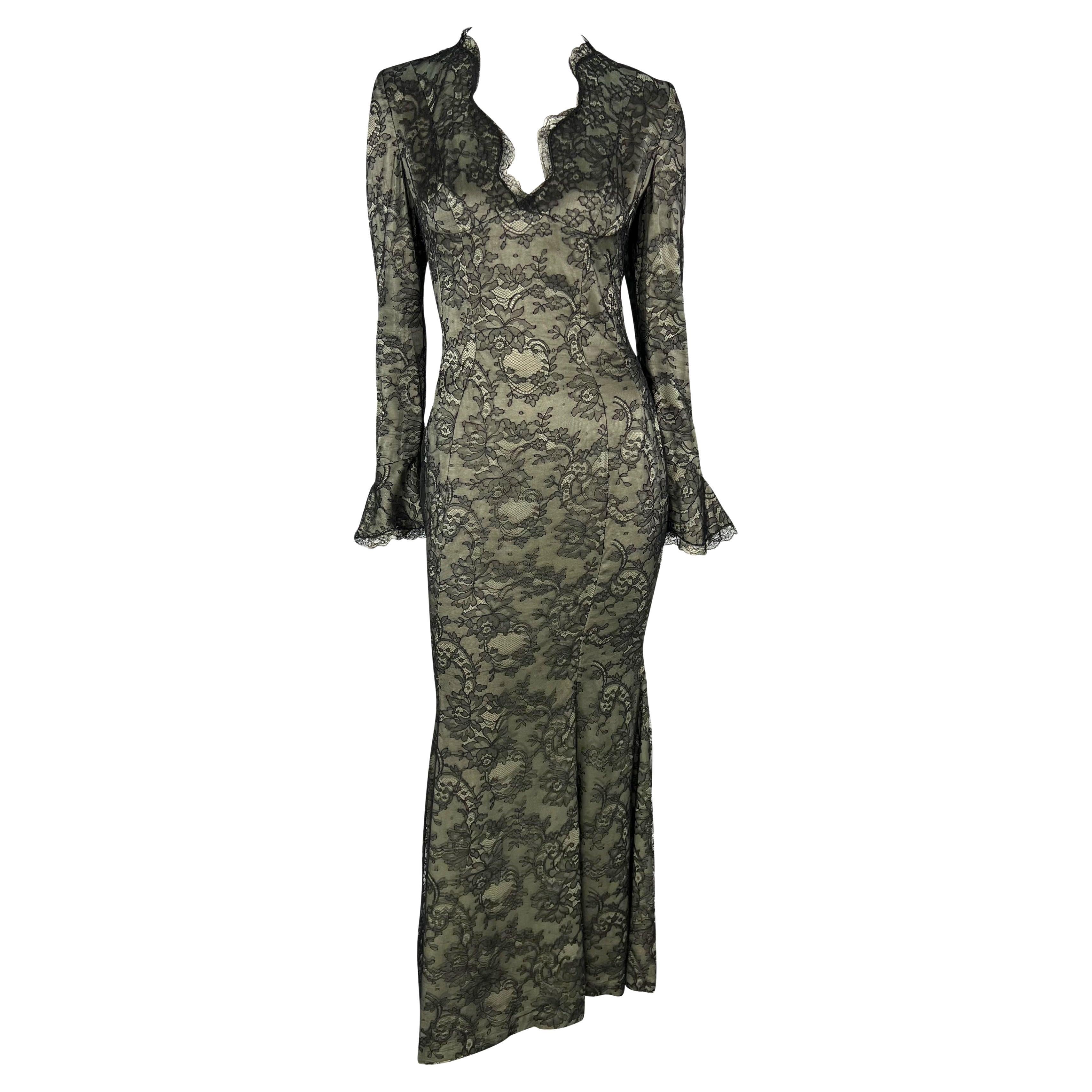 S/S 1995 Thierry Mugler Plunging Taupe Satin Black Floral Lace Overlay Gown For Sale