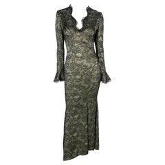 Retro S/S 1995 Thierry Mugler Plunging Taupe Satin Black Floral Lace Overlay Gown