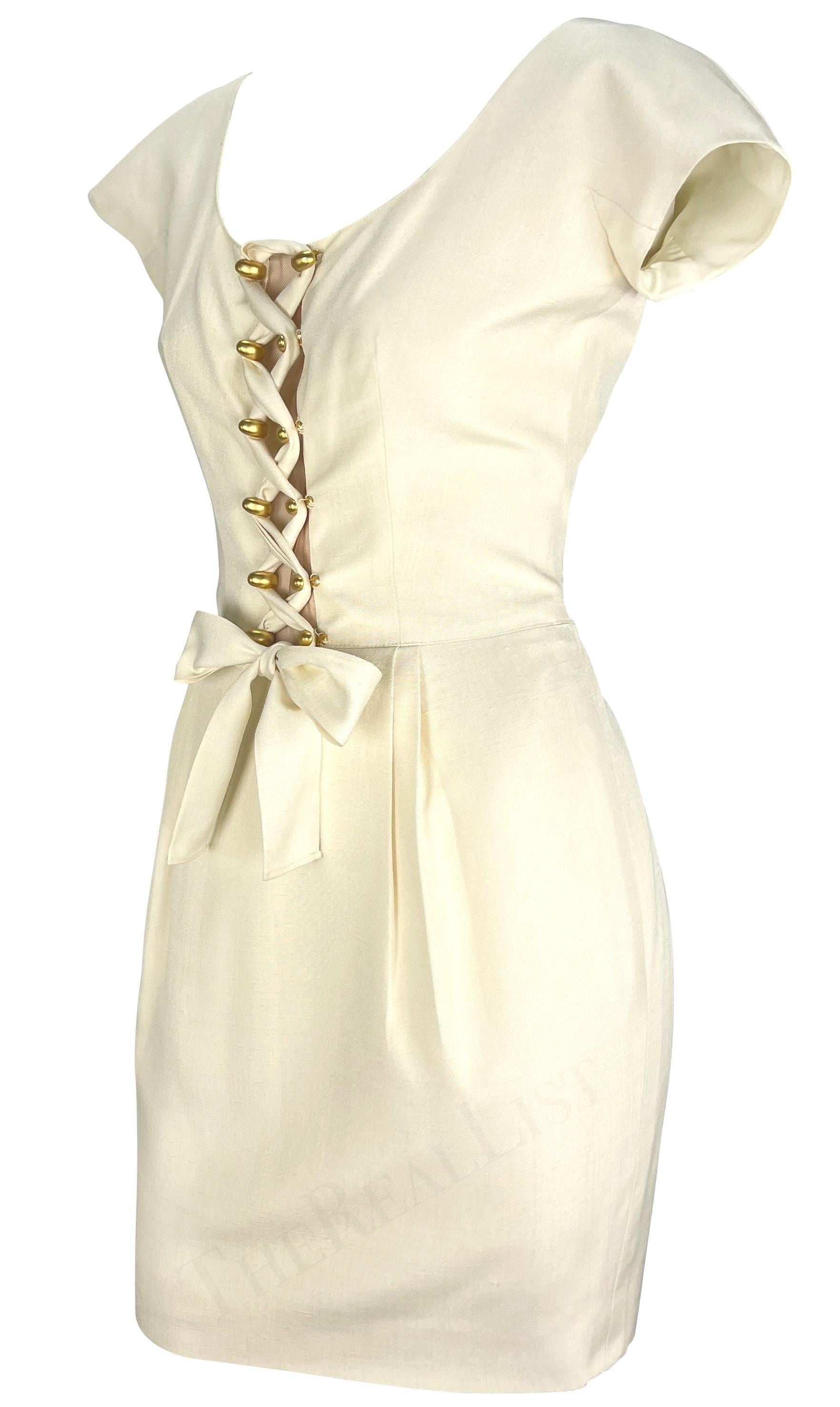 Blanc Robe midi Valentino Garavani Creme Corset à lacets et manches pétales, P/E 1995 en vente