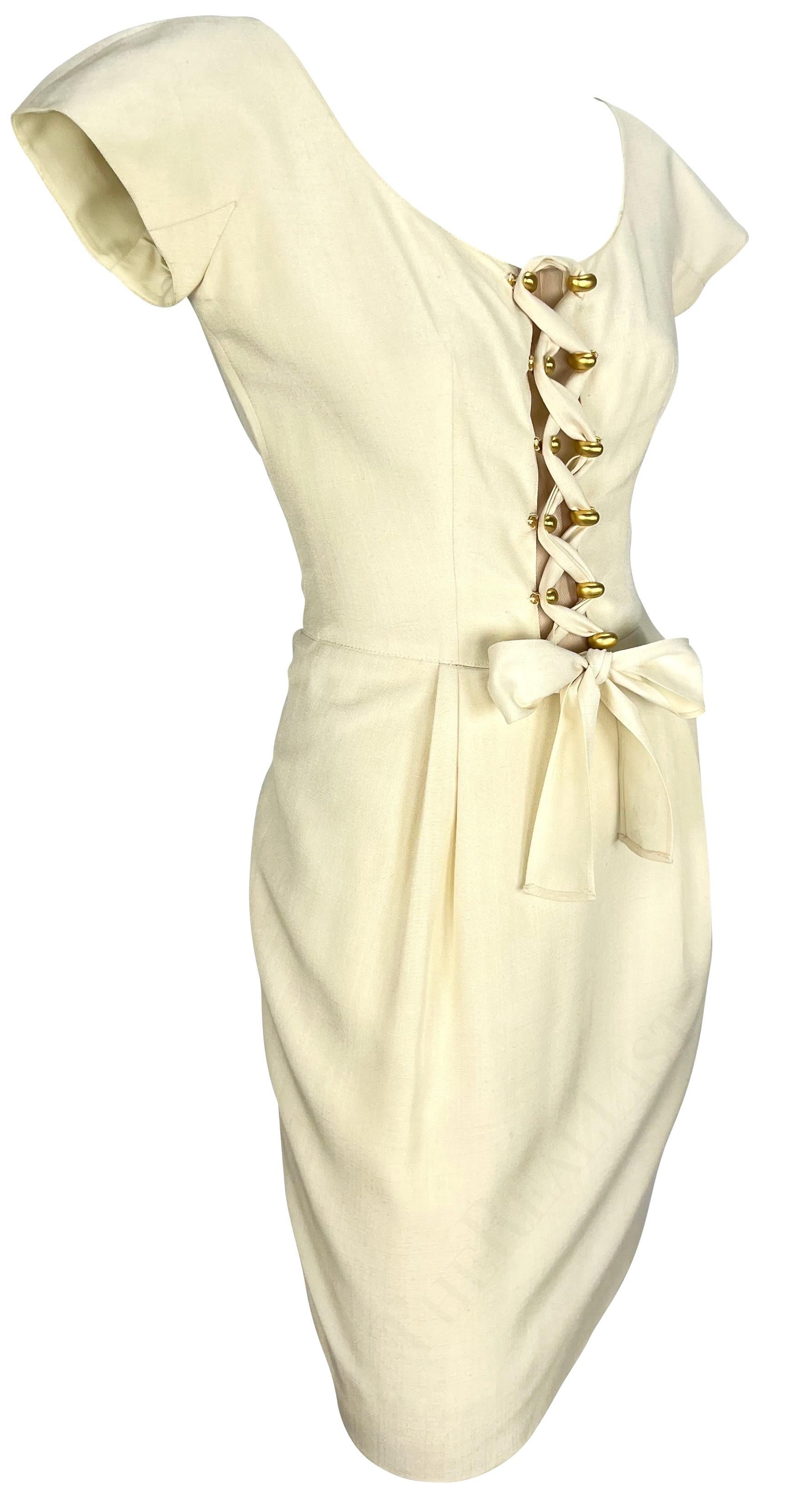 S/S 1995 Valentino Garavani Creme Corset Lace-Up Petal Sleeve Midi Dress For Sale 1