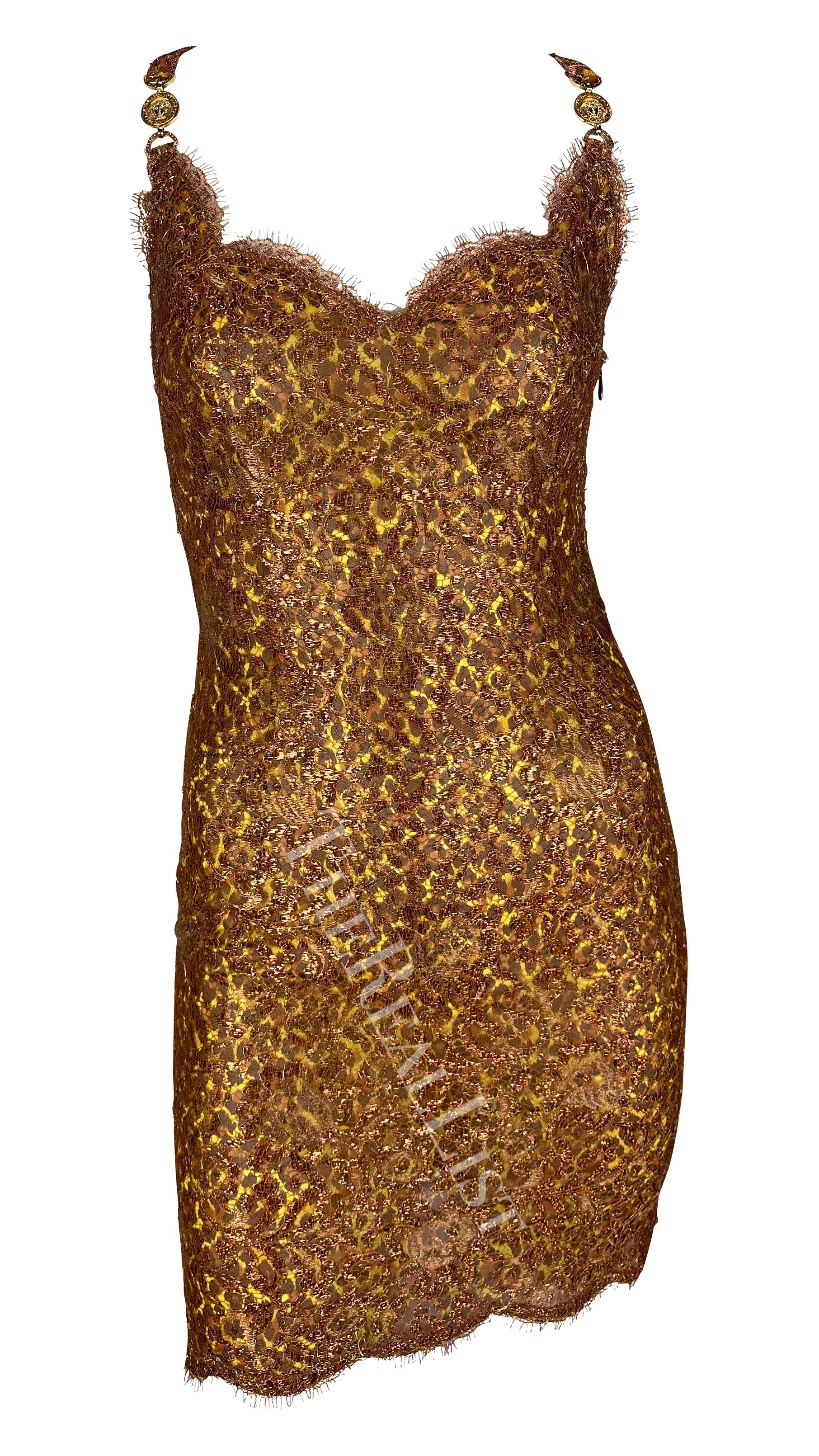 S/S 1996 Atelier Versace Haute Couture Copper Lace Cheetah Rhinestone Mini Dress For Sale 8