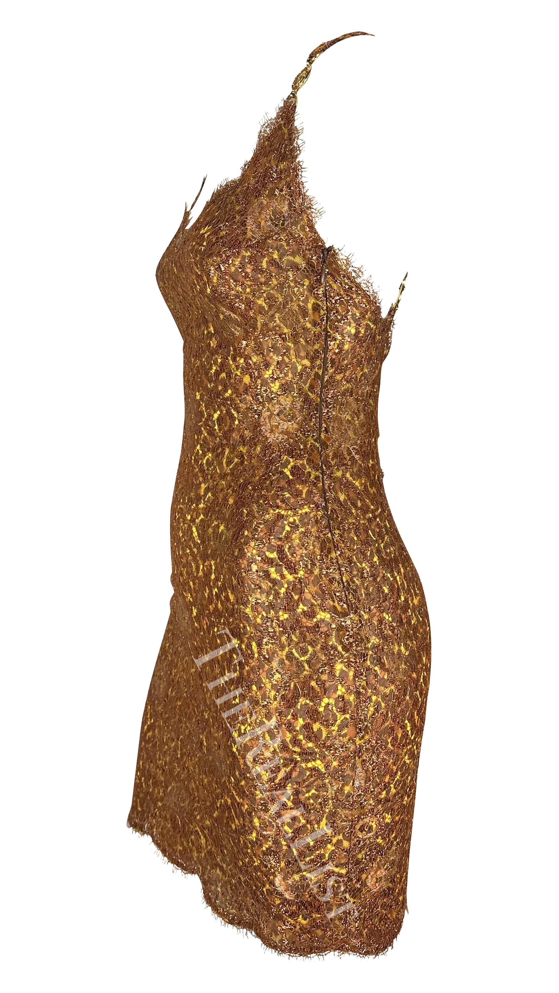 S/S 1996 Atelier Versace Haute Couture Copper Lace Cheetah Rhinestone Mini Dress For Sale 9