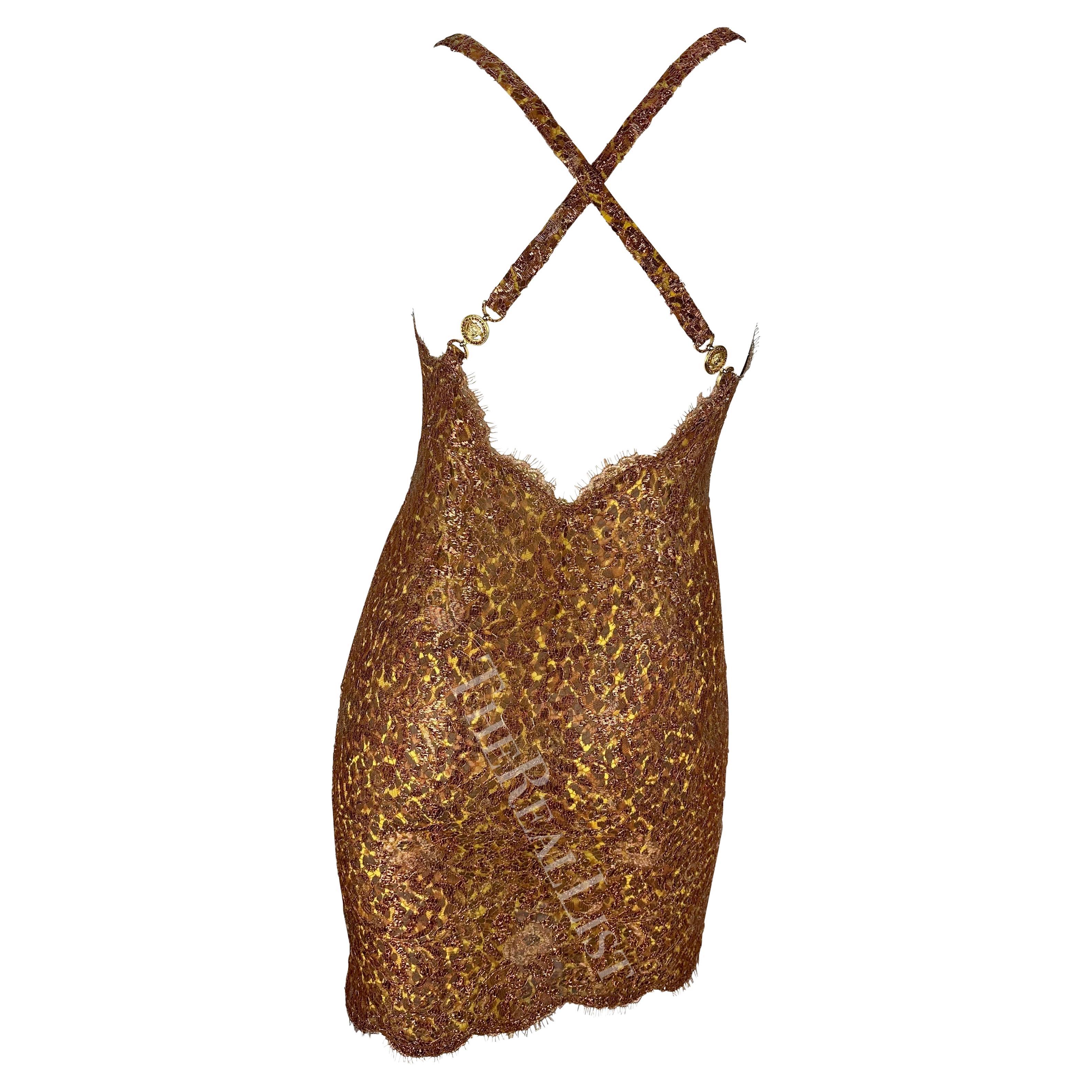 S/S 1996 Atelier Versace Haute Couture Copper Lace Cheetah Rhinestone Mini Dress For Sale 2