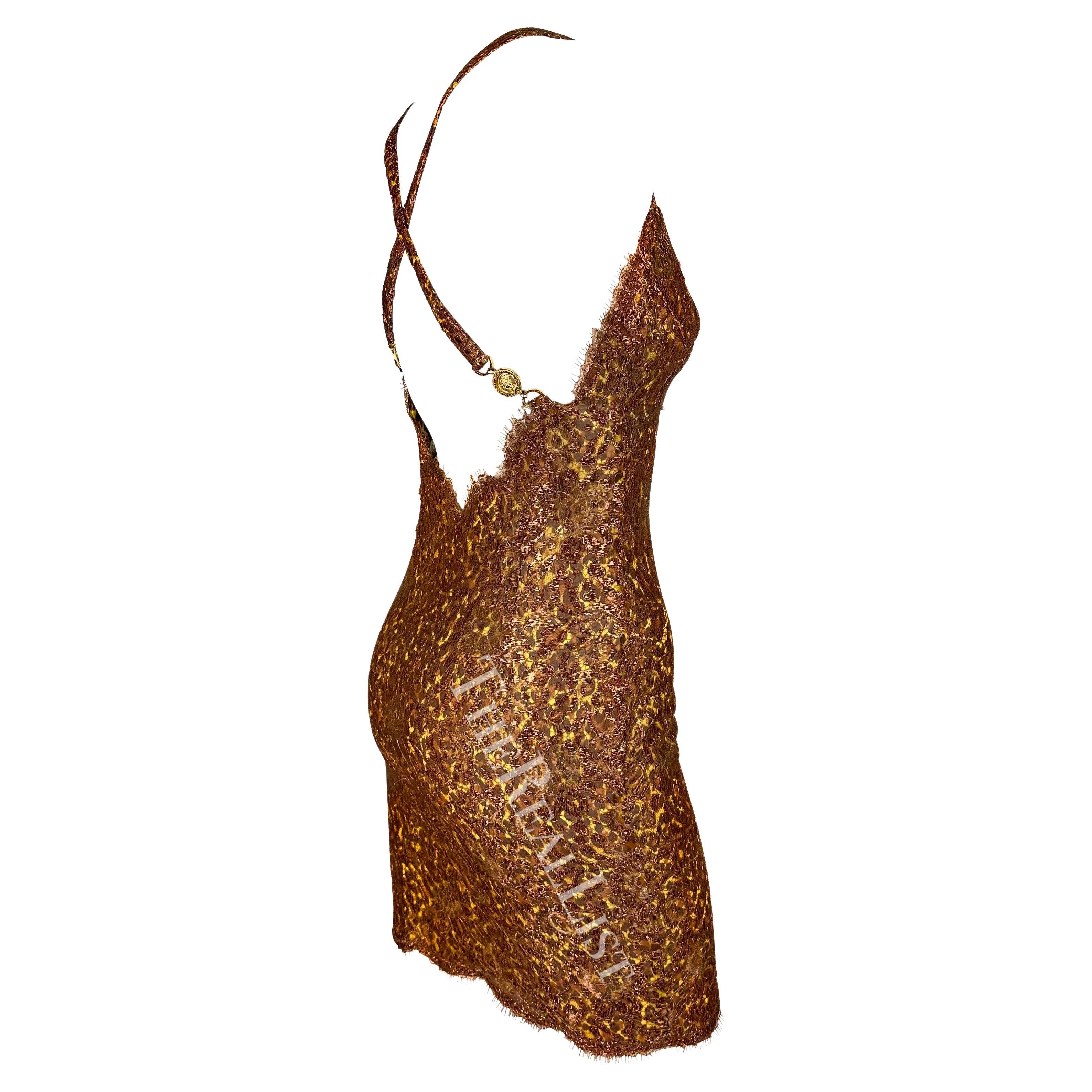 S/S 1996 Atelier Versace Haute Couture Copper Lace Cheetah Rhinestone Mini Dress For Sale 4