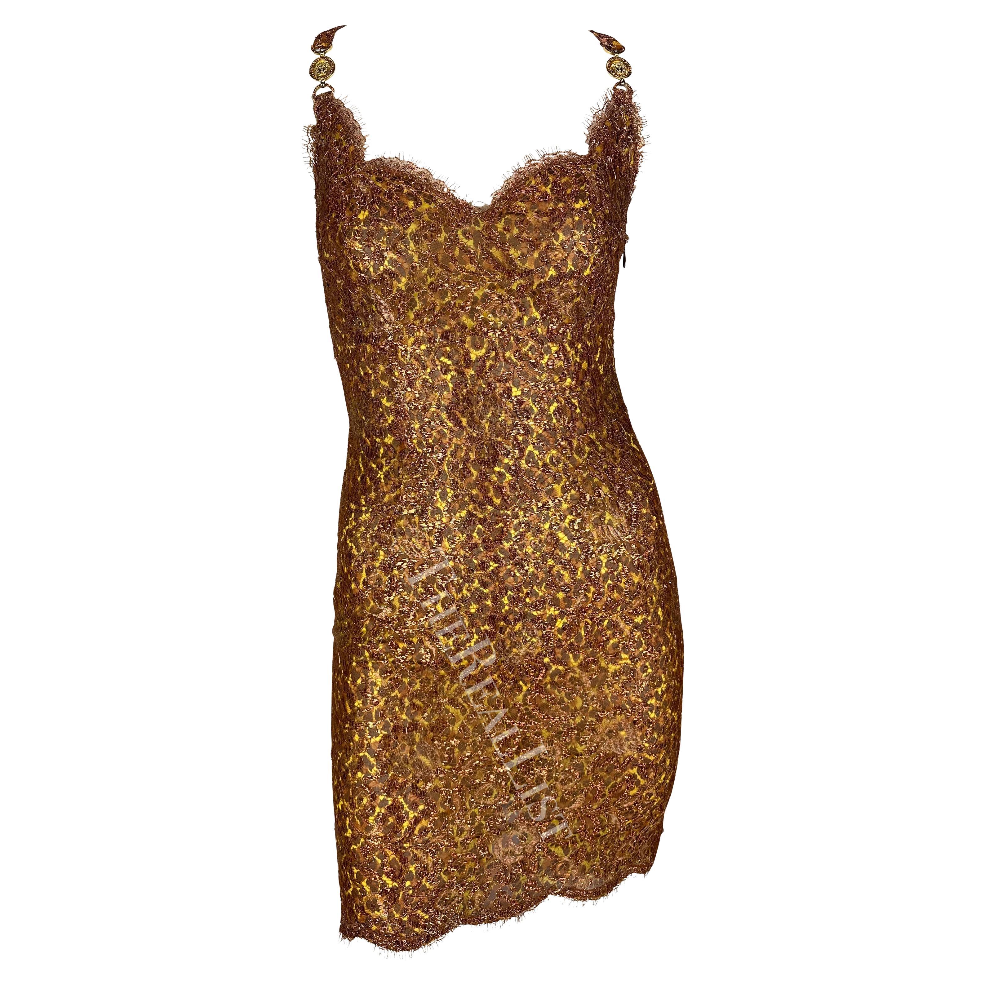 S/S 1996 Atelier Versace Haute Couture Copper Lace Cheetah Rhinestone Mini Dress For Sale