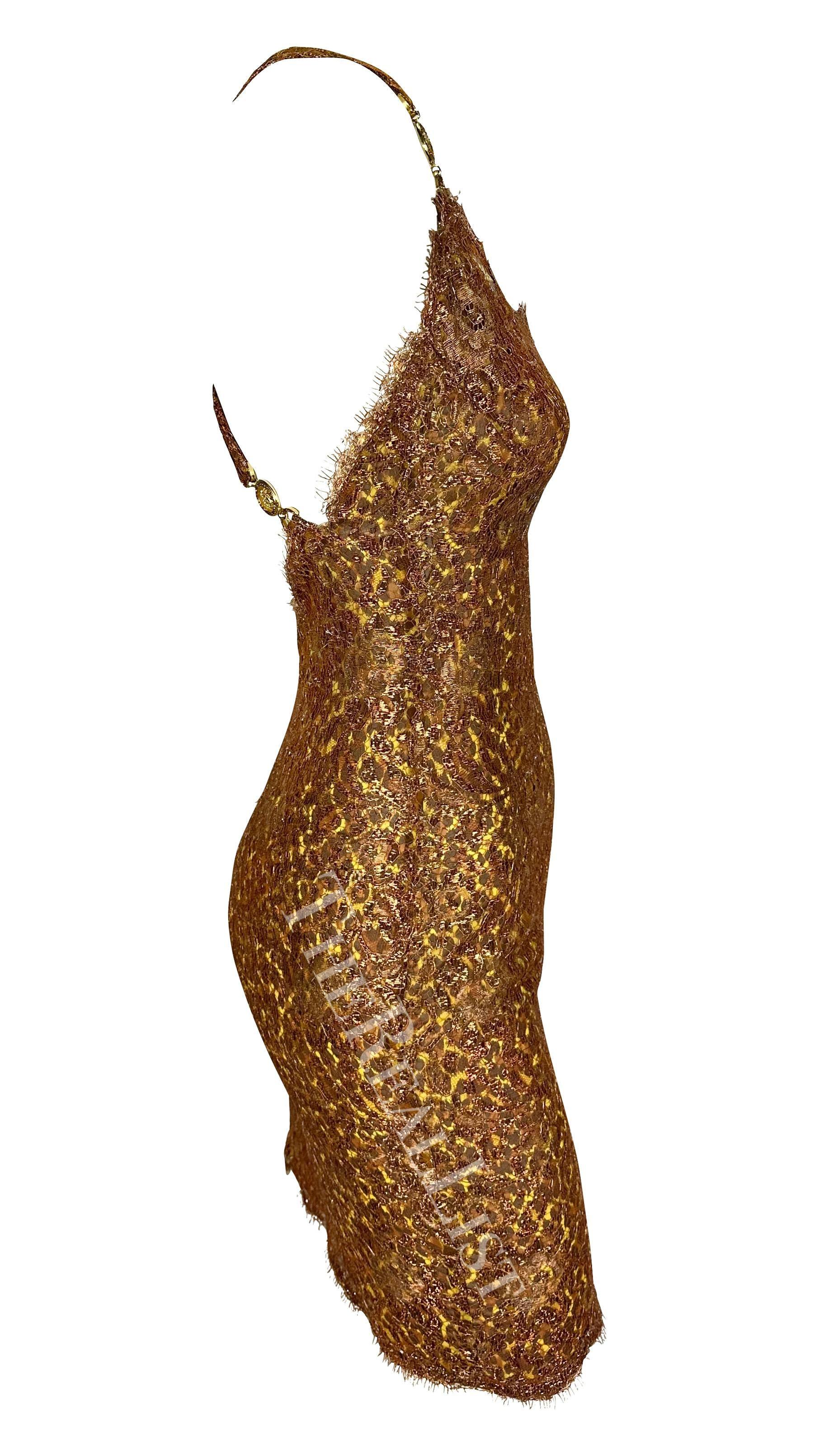 S/S 1996 Atelier Versace Alta Costura Mini Vestido de Encaje Cobre Leopardo Pedrería en venta 6