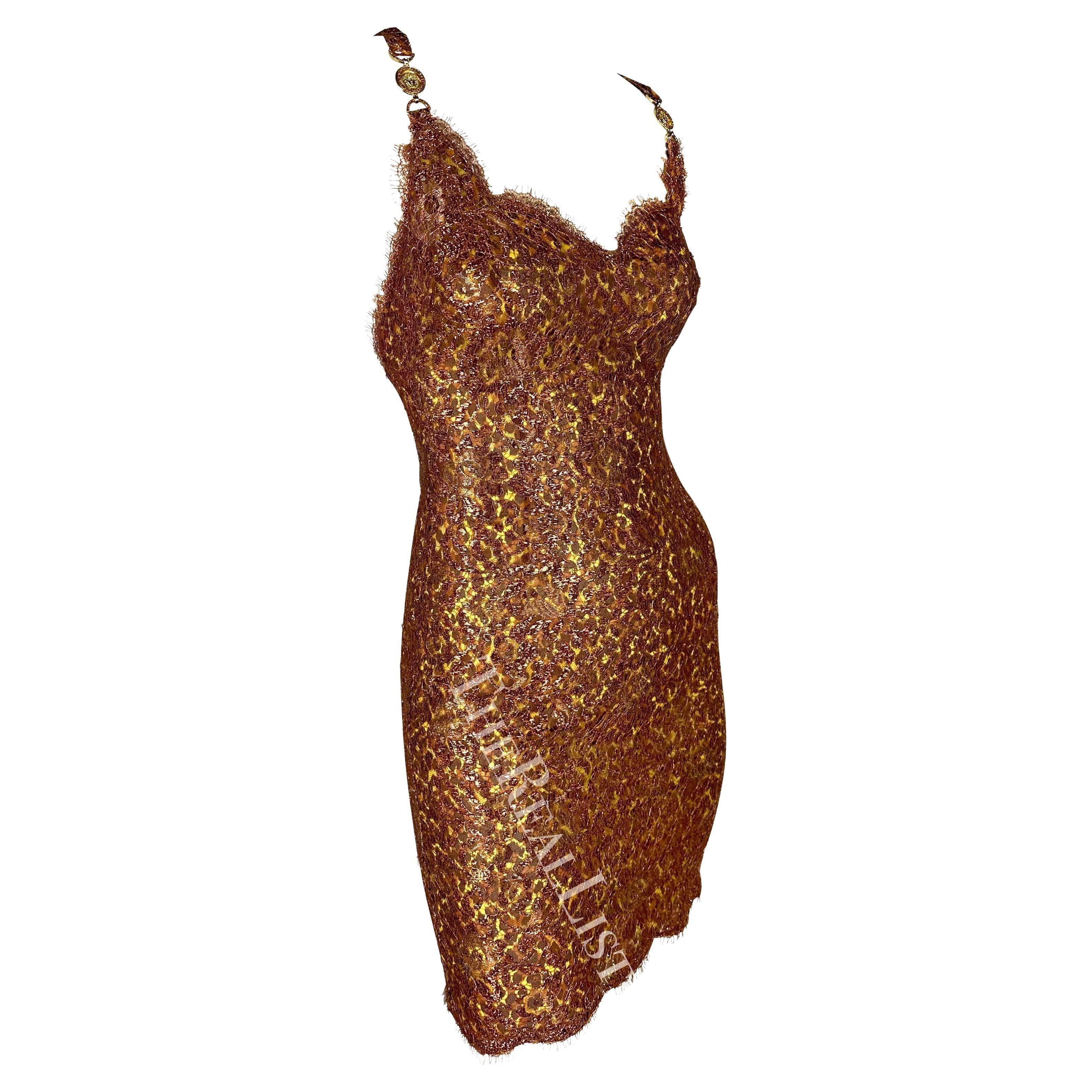 S/S 1996 Atelier Versace Alta Costura Mini Vestido de Encaje Cobre Leopardo Pedrería en venta 7