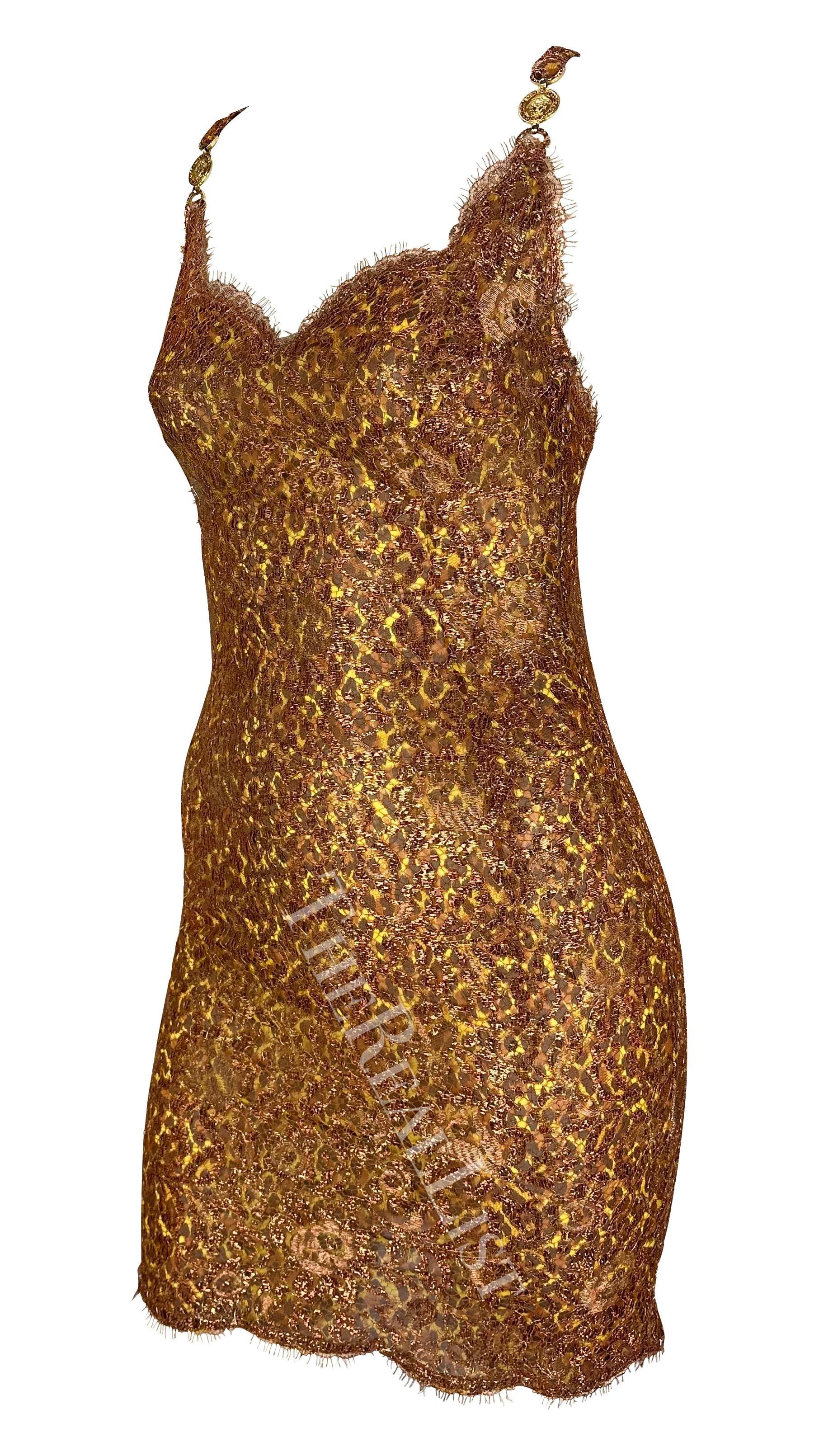 S/S 1996 Atelier Versace Alta Costura Mini Vestido de Encaje Cobre Leopardo Pedrería en venta 1