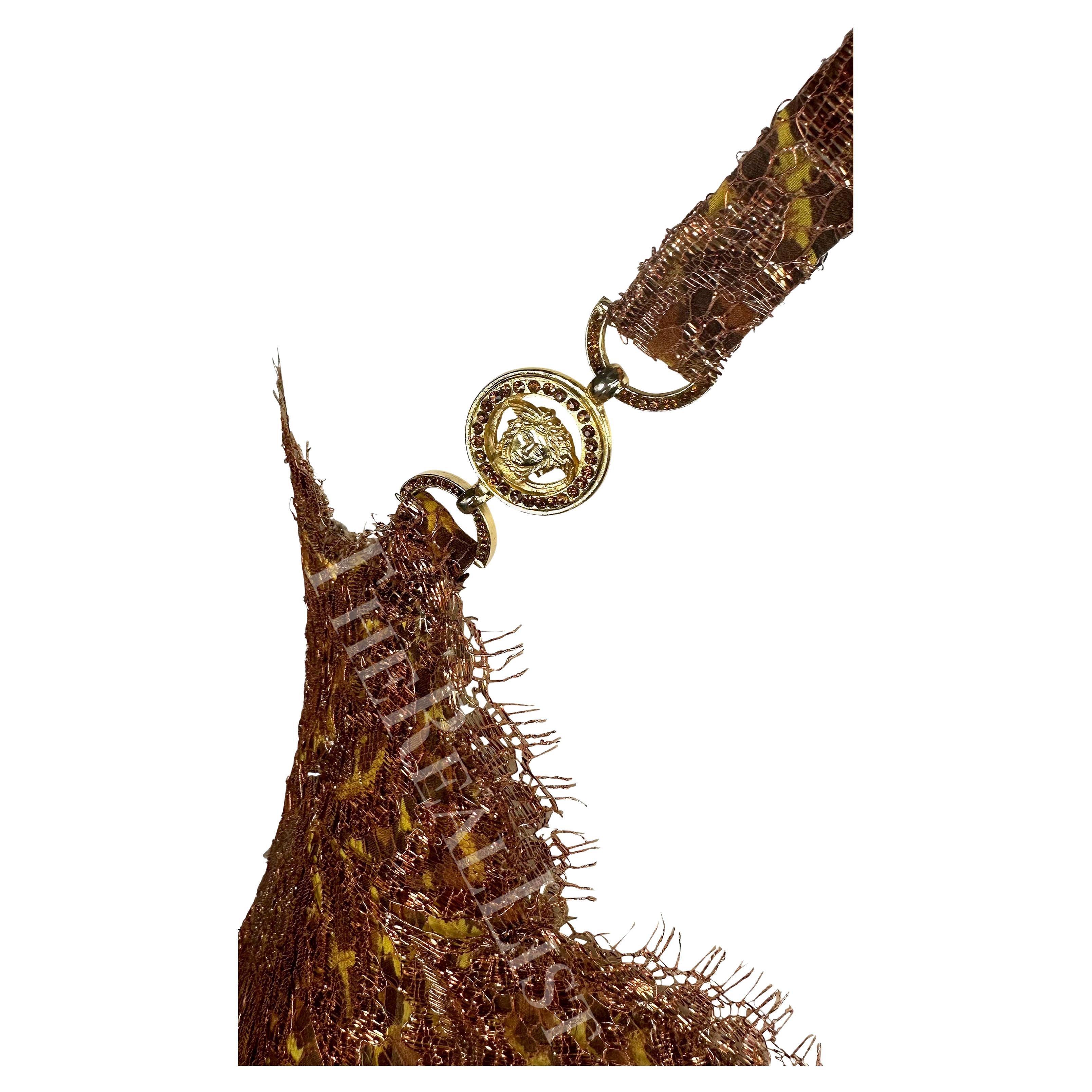 S/S 1996 Atelier Versace Alta Costura Mini Vestido de Encaje Cobre Leopardo Pedrería en venta 4