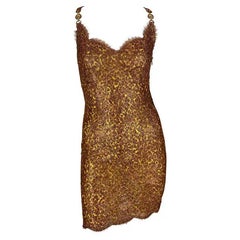 S/S 1996 Atelier Versace Haute Couture Mini robe en dentelle cuivre et léopard avec strass