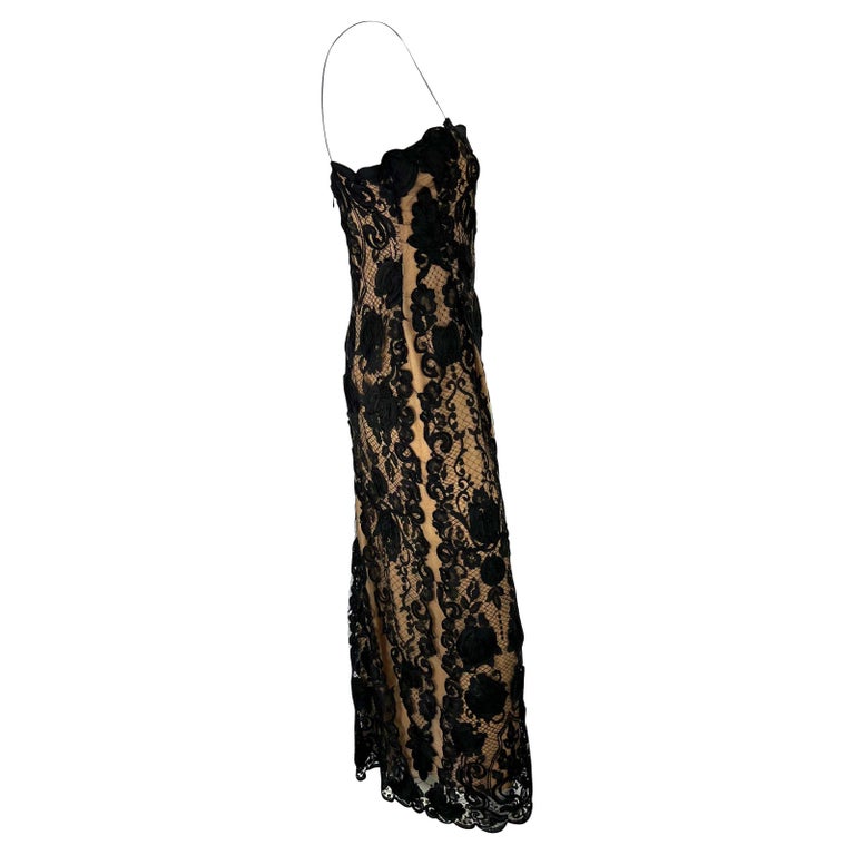 S/S 1996 Bill Blass Couture Runway Black Lace Overlay Spaghetti Strap Dress For Sale 2