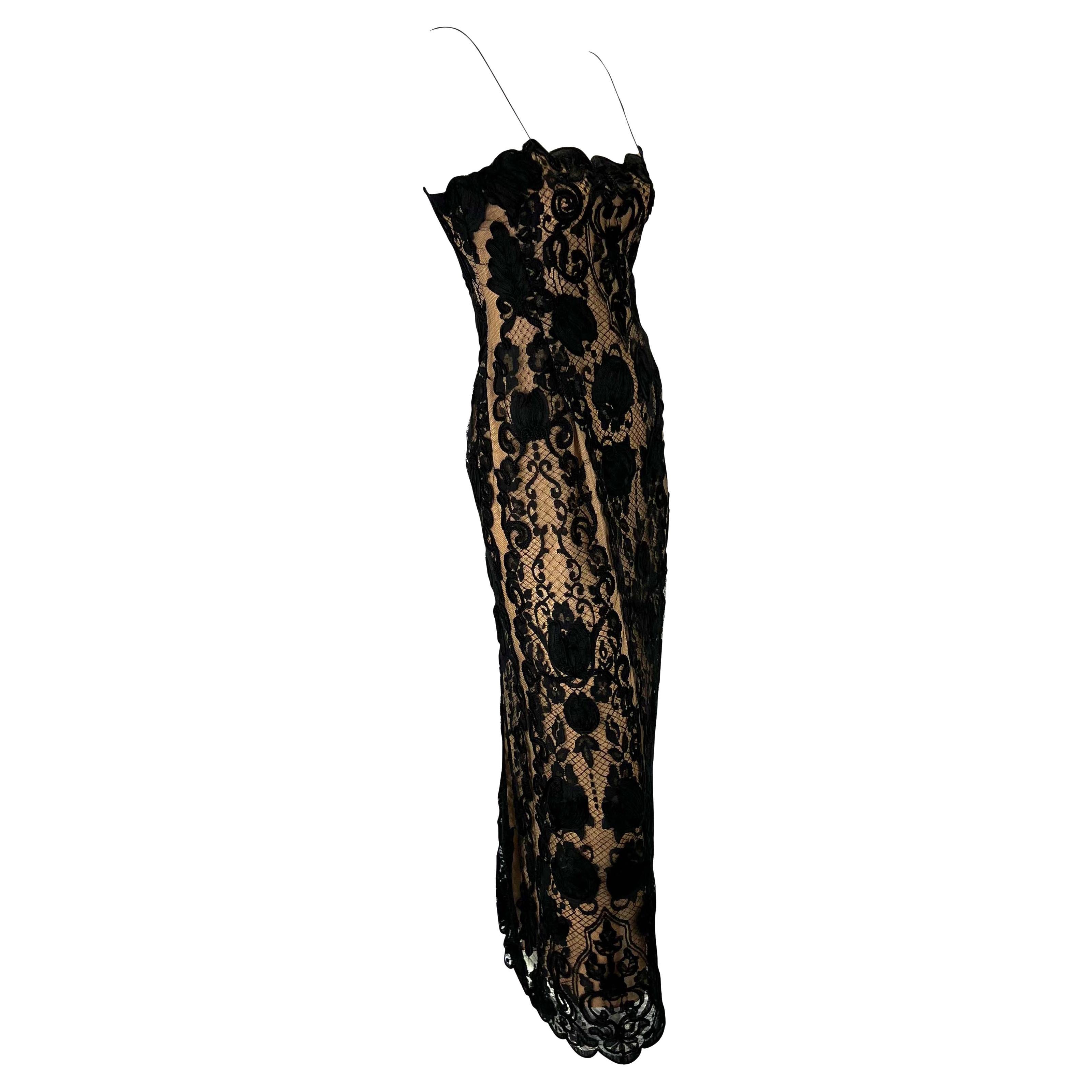 Women's S/S 1996 Bill Blass Couture Runway Black Lace Overlay Spaghetti Strap Dress