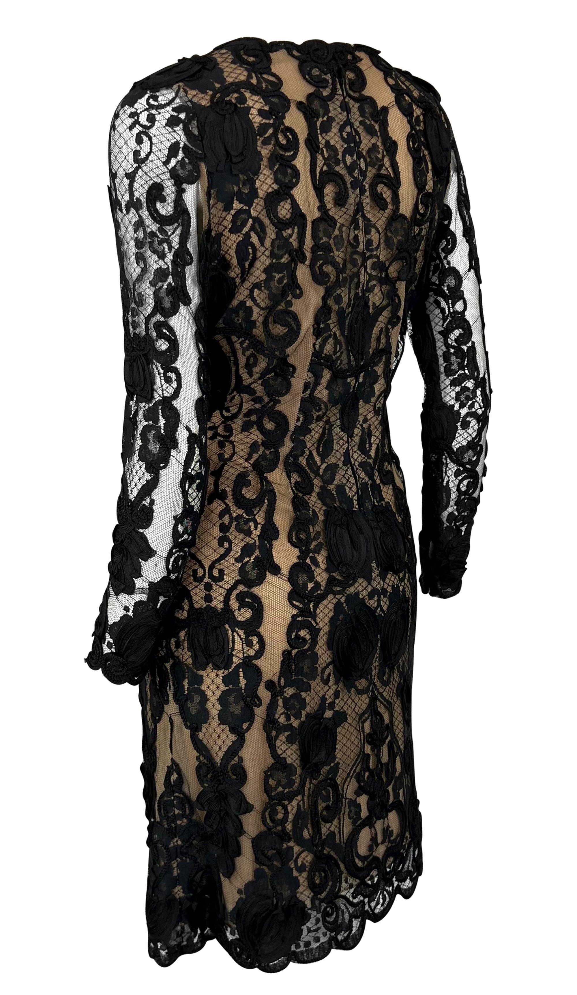 Noir Bill Blass Runway mini-robe noire en dentelle et rubans semi-transparents, P/E 1996 en vente