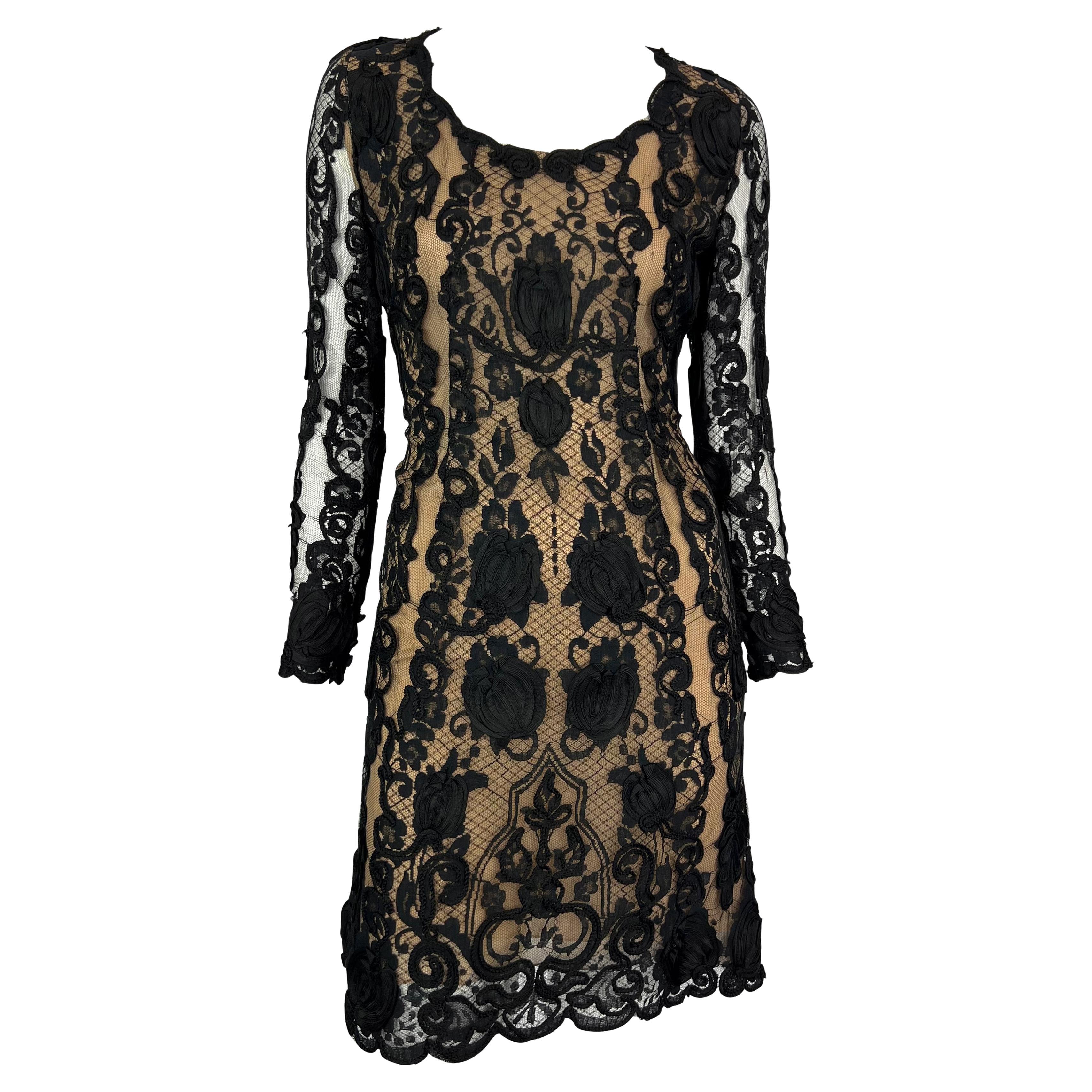 P/E 1996 Bill Blass: mini abito a nastro nero in pizzo semitrasparente