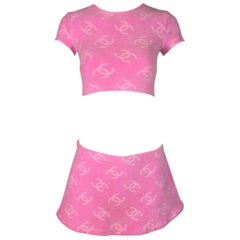S/S 1996 Chanel Barbie Bubblegum Pink Logo Velour Crop Top & Mini Skirt Set