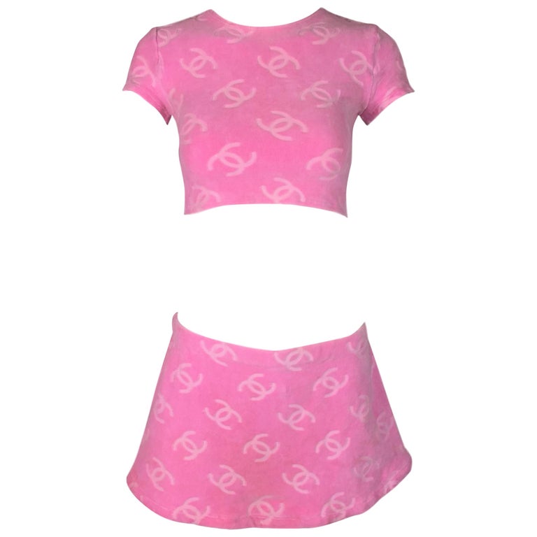 S/S 1996 Chanel Barbie Bubblegum Pink Logo Velour Crop Top and Mini Skirt  Set