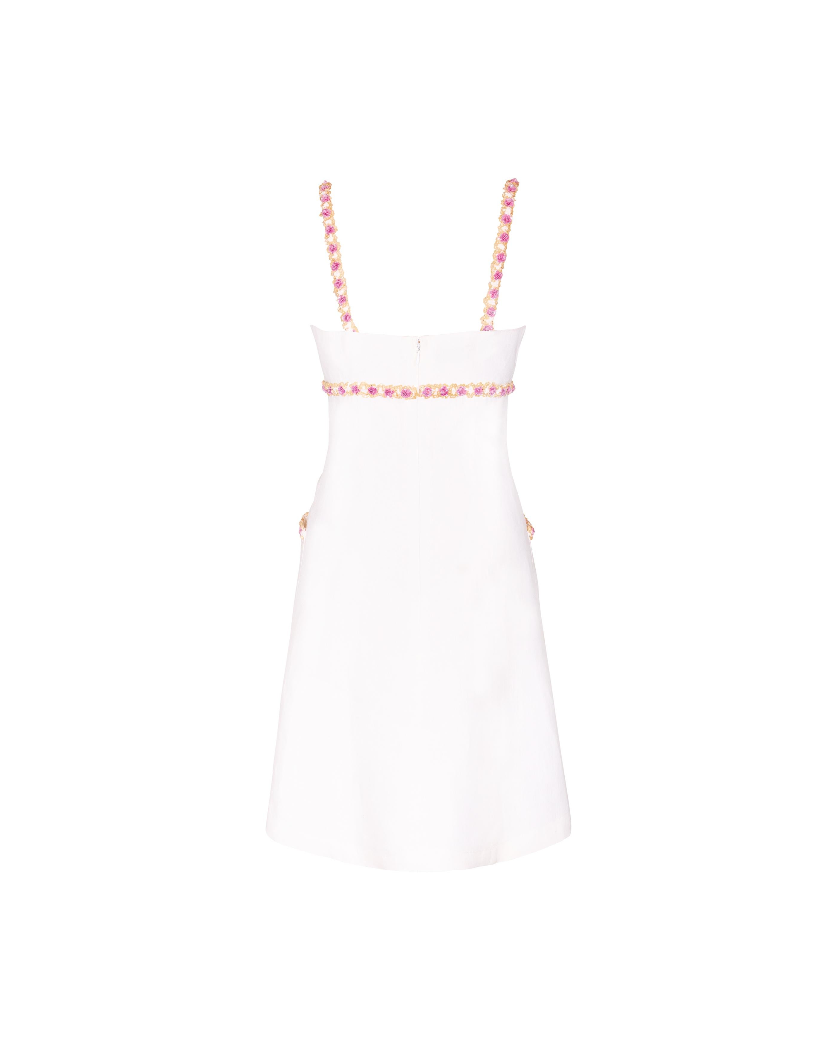 S/S 1996 Chanel by Karl Lagerfeld White Linen Mini Dress with 3D Floral Trim In Good Condition In North Hollywood, CA