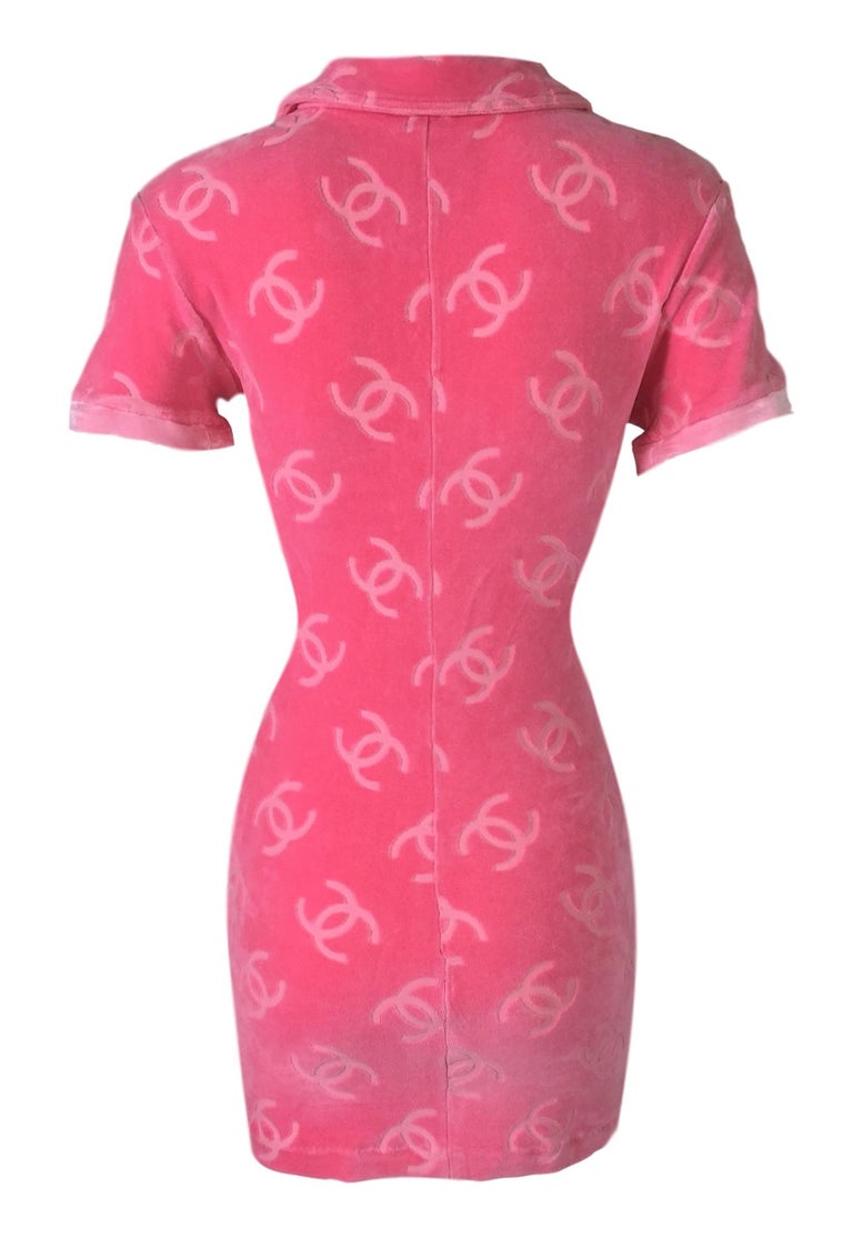 S/S 1996 Chanel Pink Logo Monogram Velvet Plunging Micro Mini Dress