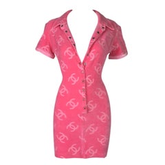 S/S 1996 Chanel Pink Logo Monogram Velvet Plunging Micro Mini Dress
