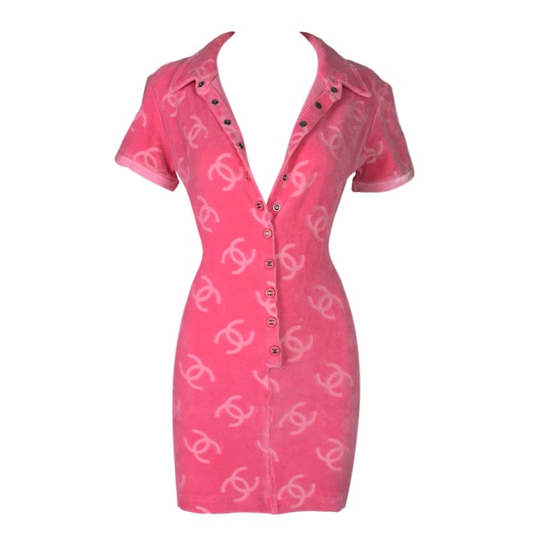 S/S 1996 Chanel Pink Logo Monogram Velvet Plunging Micro Mini Dress S/S 1996 Chanel Pink Logo Monogram Velvet Plunging Micro Mini Dress