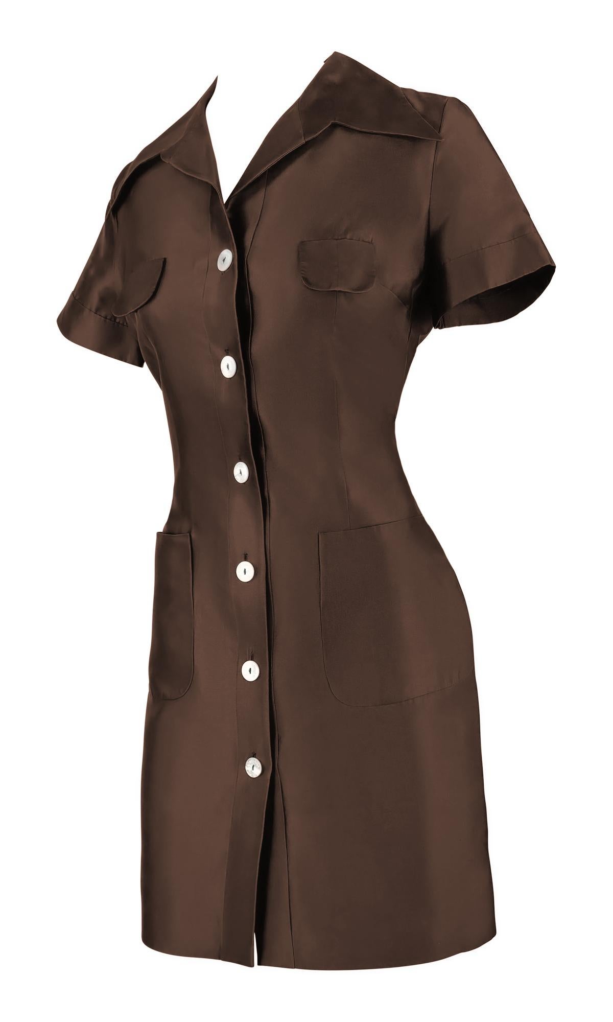 S/S 1996 Dolce & Gabbana Brown Silk Taffeta Collared Pocket Mini Dress For Sale 6
