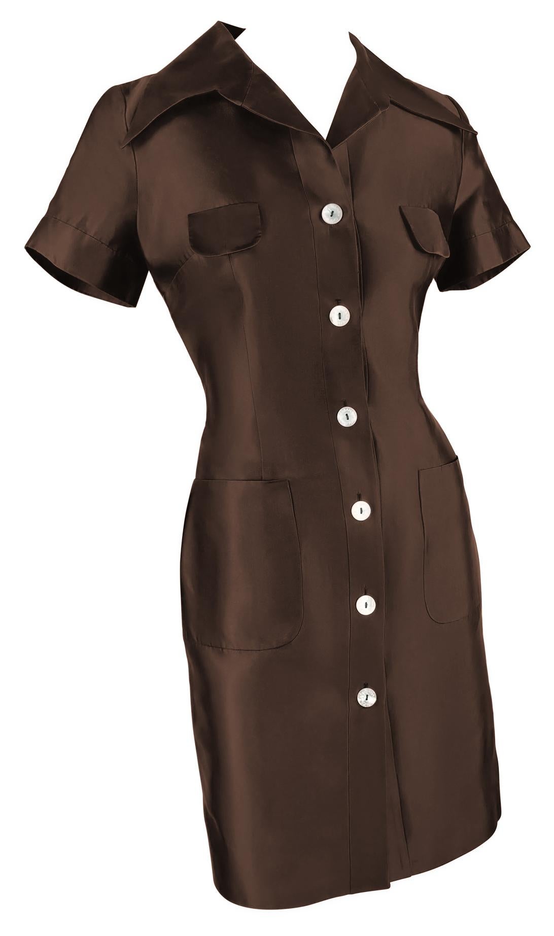 Women's or Men's S/S 1996 Dolce & Gabbana Brown Silk Taffeta Collared Pocket Mini Dress For Sale