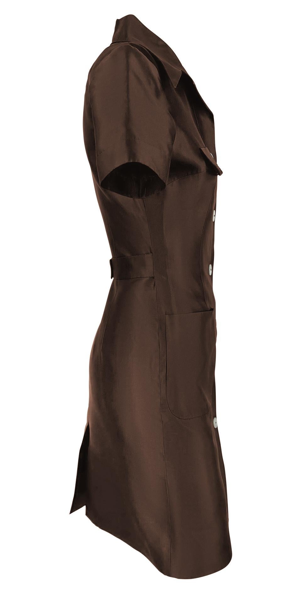 S/S 1996 Dolce & Gabbana Brown Silk Taffeta Collared Pocket Mini Dress For Sale 3