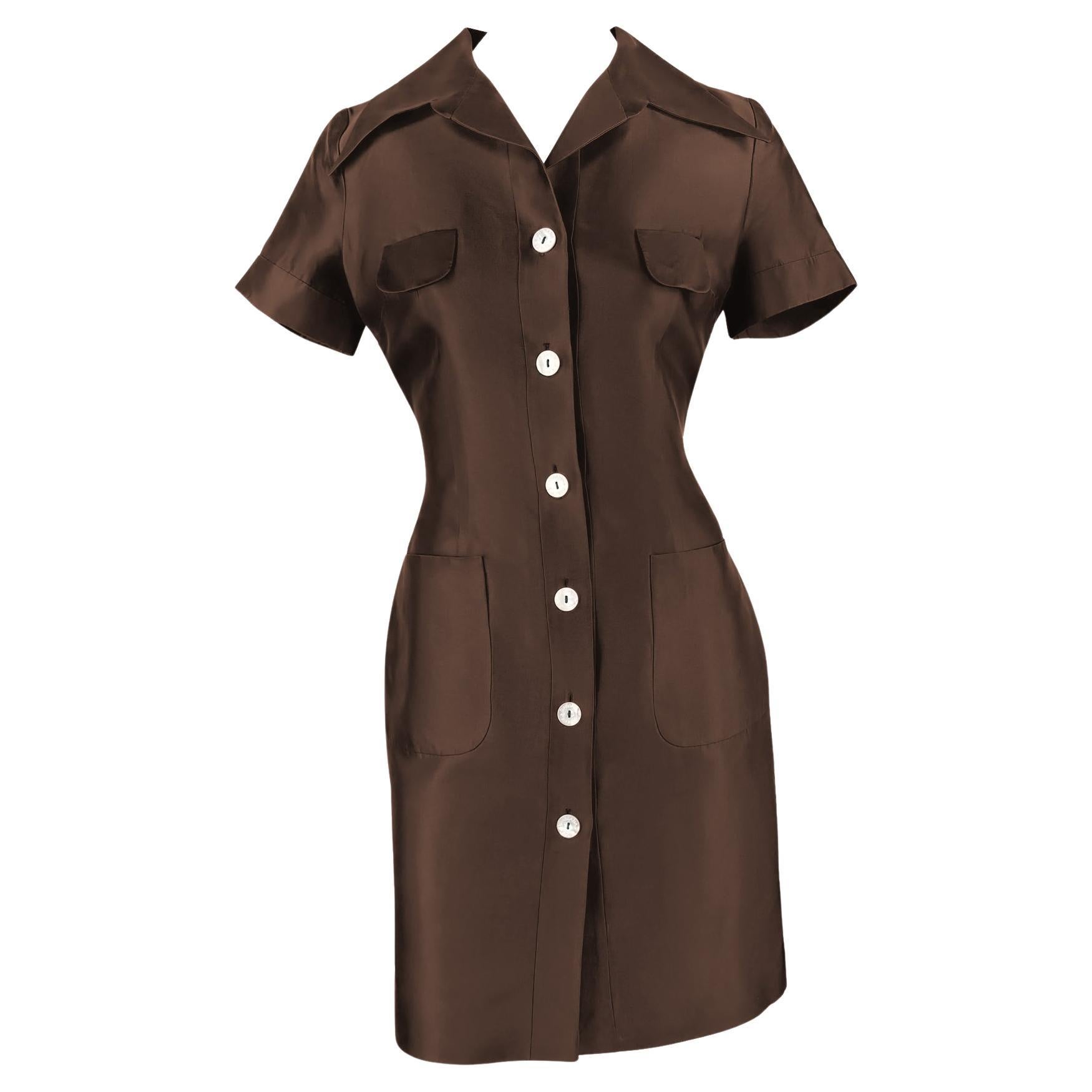 S/S 1996 Dolce & Gabbana Brown Silk Taffeta Collared Pocket Mini Dress For Sale