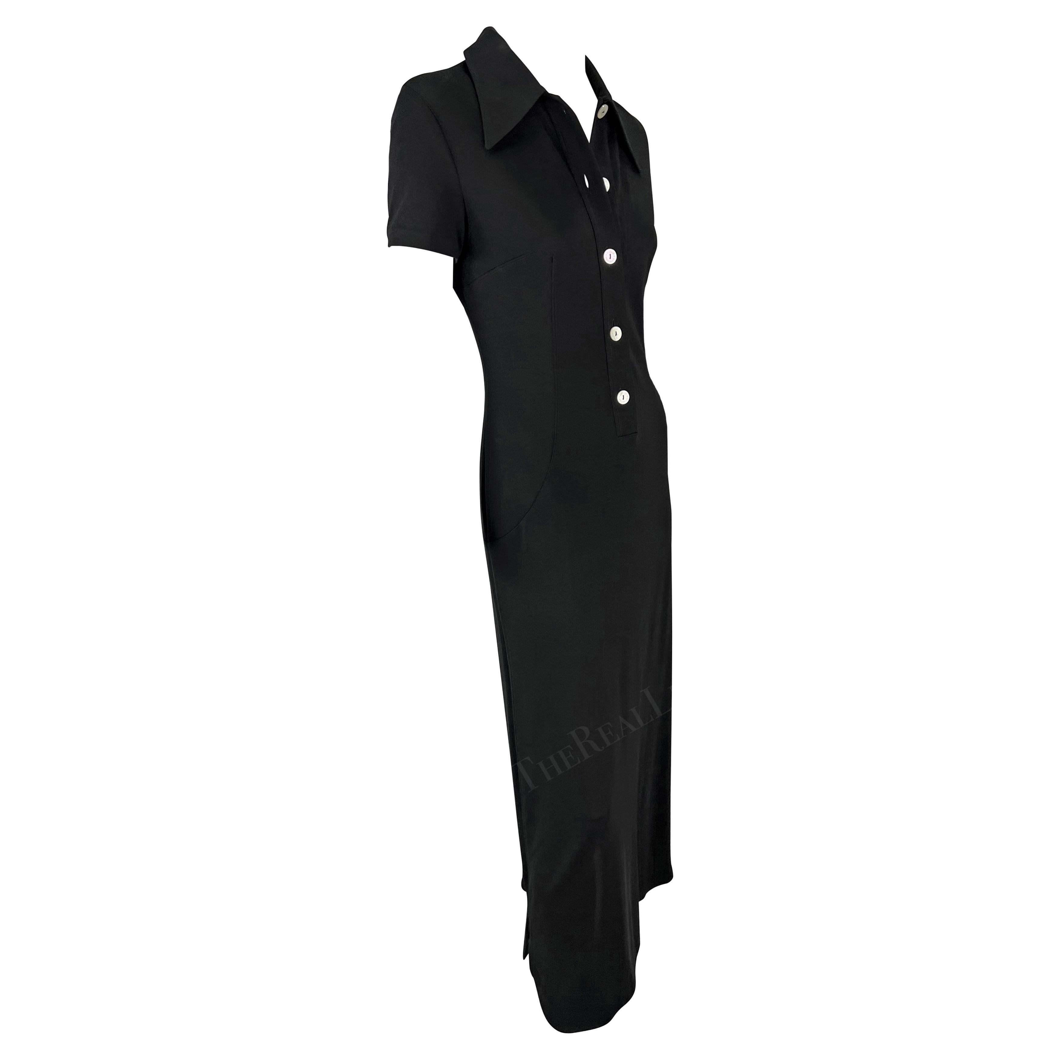 S/S 1996 Dolce & Gabbana Runway Black Collared Plunge Button Maxi Dress For Sale 2