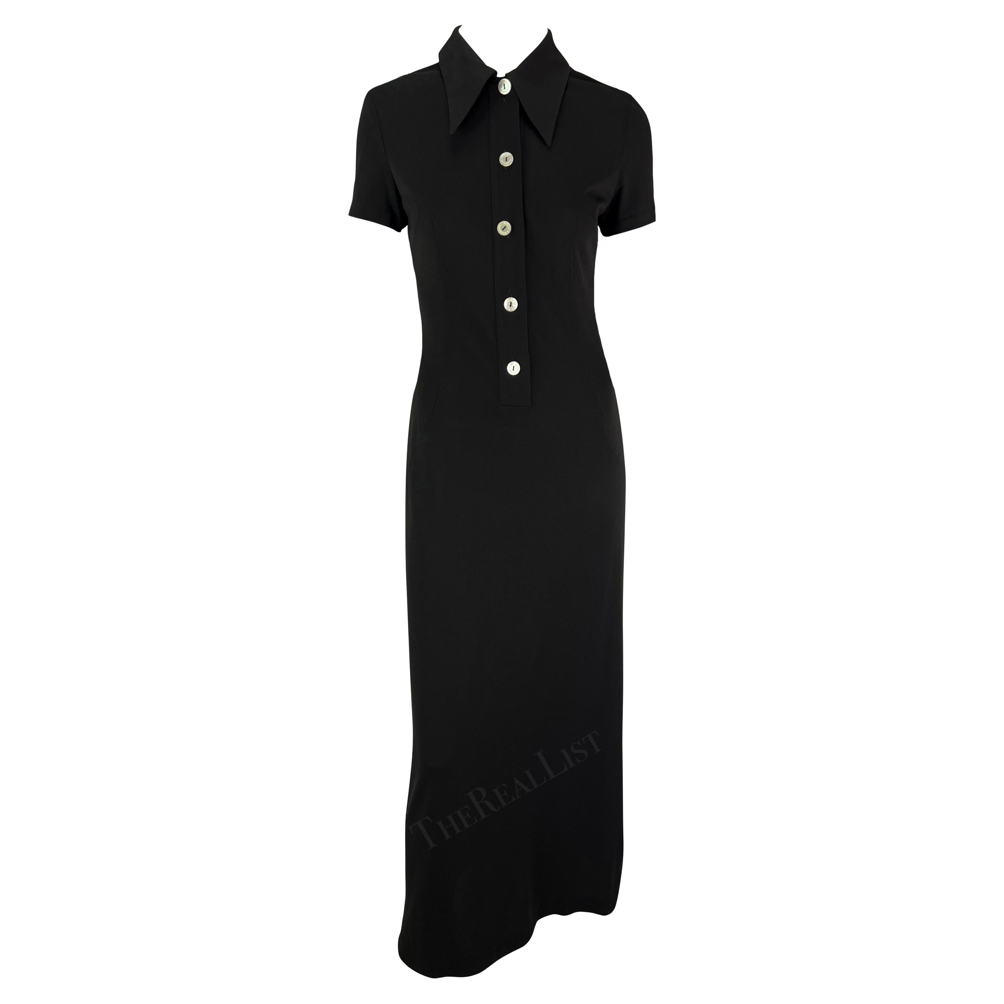 S/S 1996 Dolce & Gabbana Runway Black Collared Plunge Button Maxi Dress For Sale 4