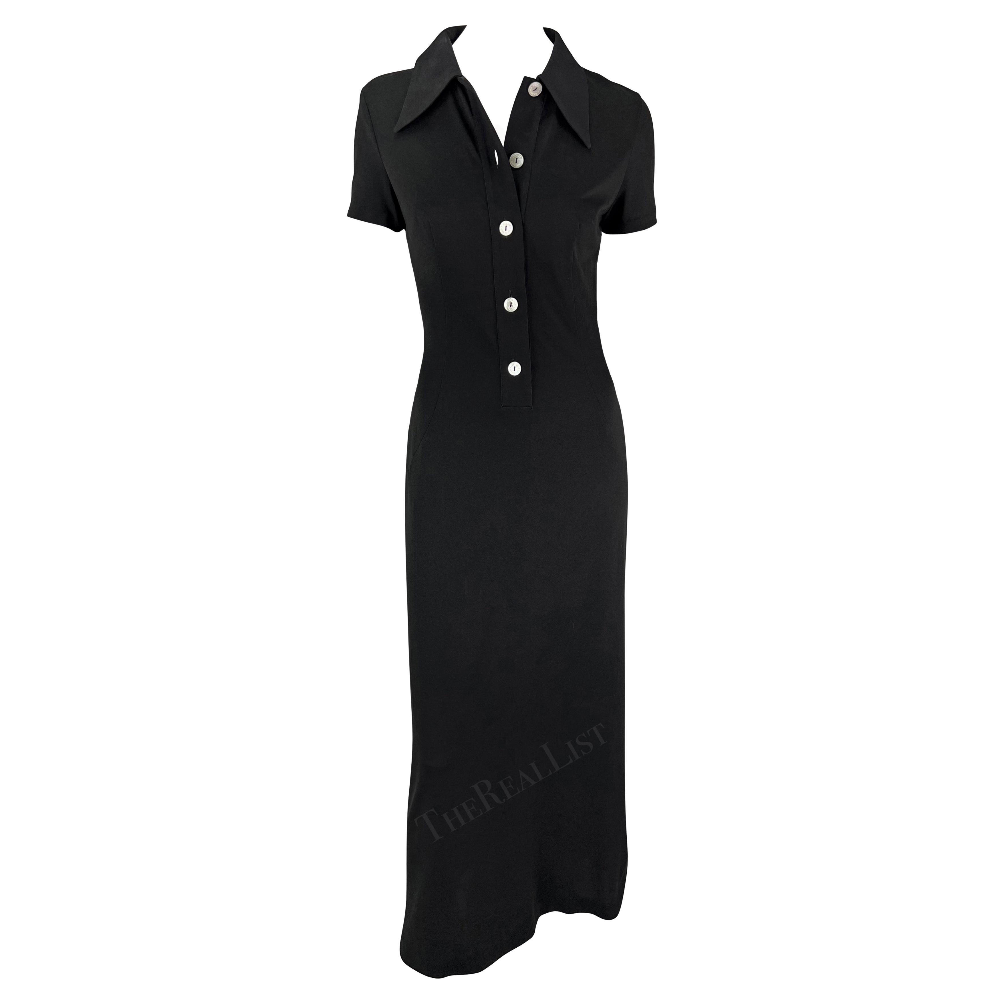 S/S 1996 Dolce & Gabbana Runway Black Collared Plunge Button Maxi Dress For Sale