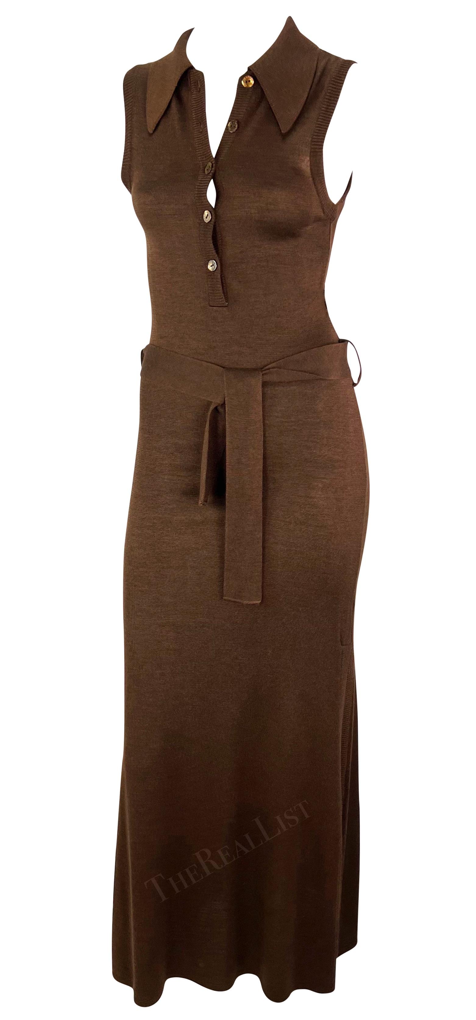 Women's S/S 1996 Dolce & Gabbana Runway Brown Knit Bodycon Belted Maxi Collared Dress For Sale