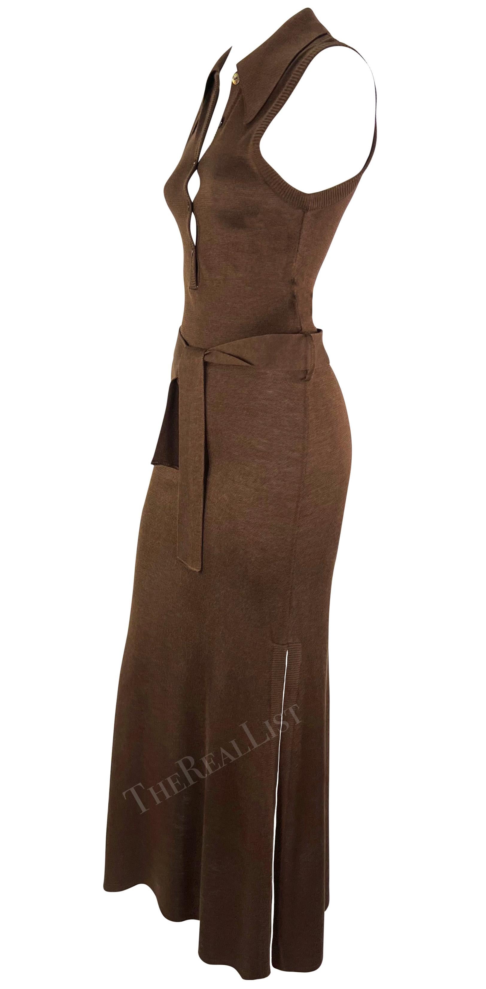 S/S 1996 Dolce & Gabbana Runway Brown Knit Bodycon Belted Maxi Collared Dress For Sale 1