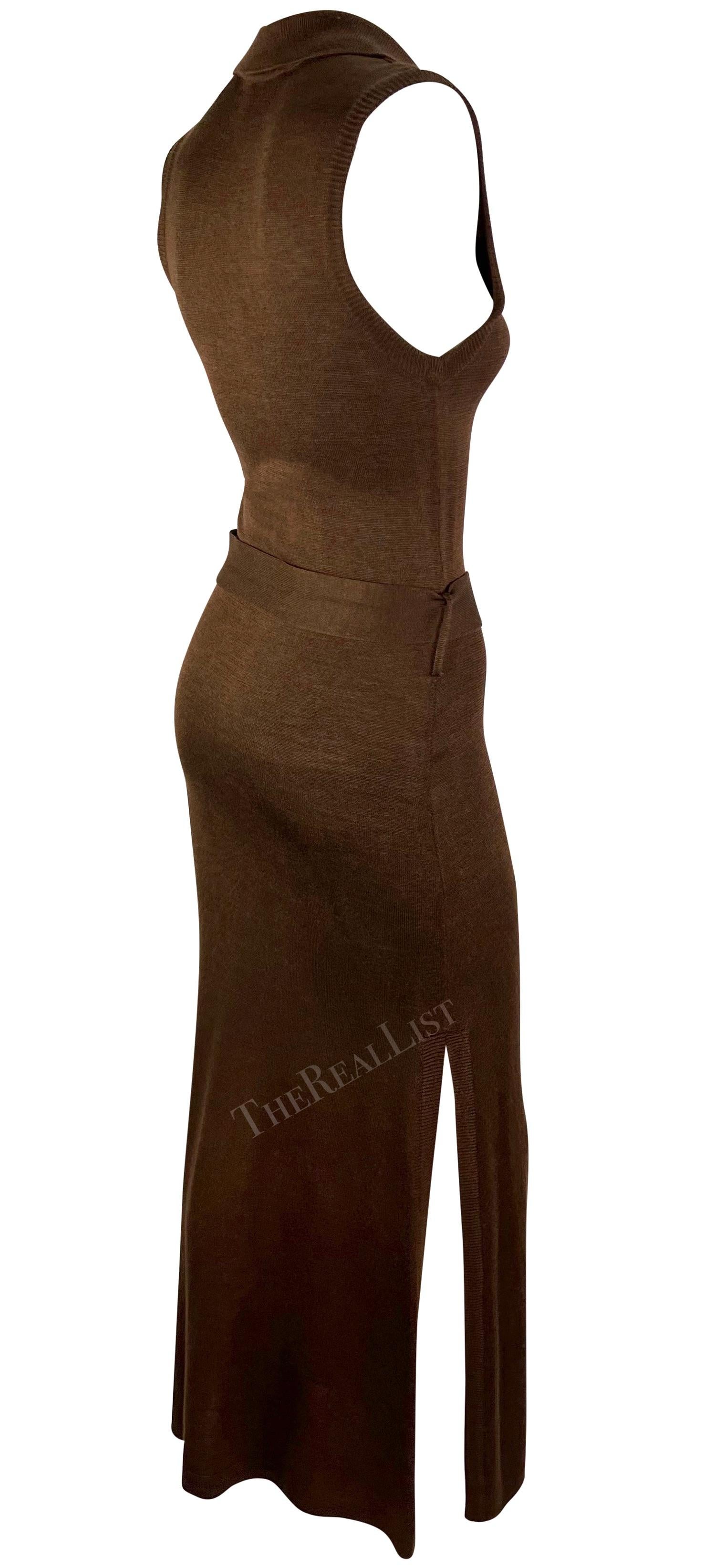S/S 1996 Dolce & Gabbana Runway Brown Knit Bodycon Belted Maxi Collared Dress For Sale 2