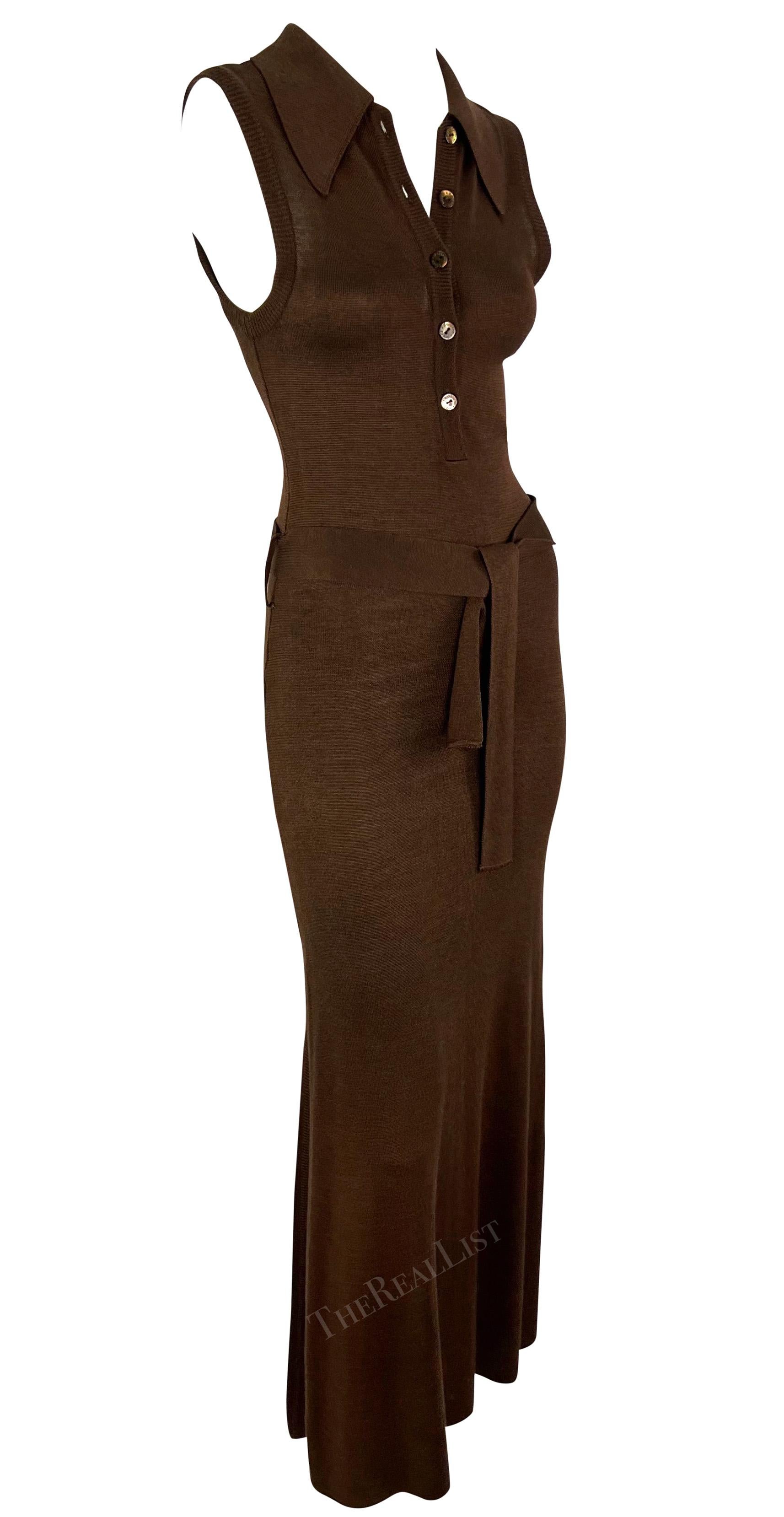 S/S 1996 Dolce & Gabbana Runway Brown Knit Bodycon Belted Maxi Collared Dress For Sale 3