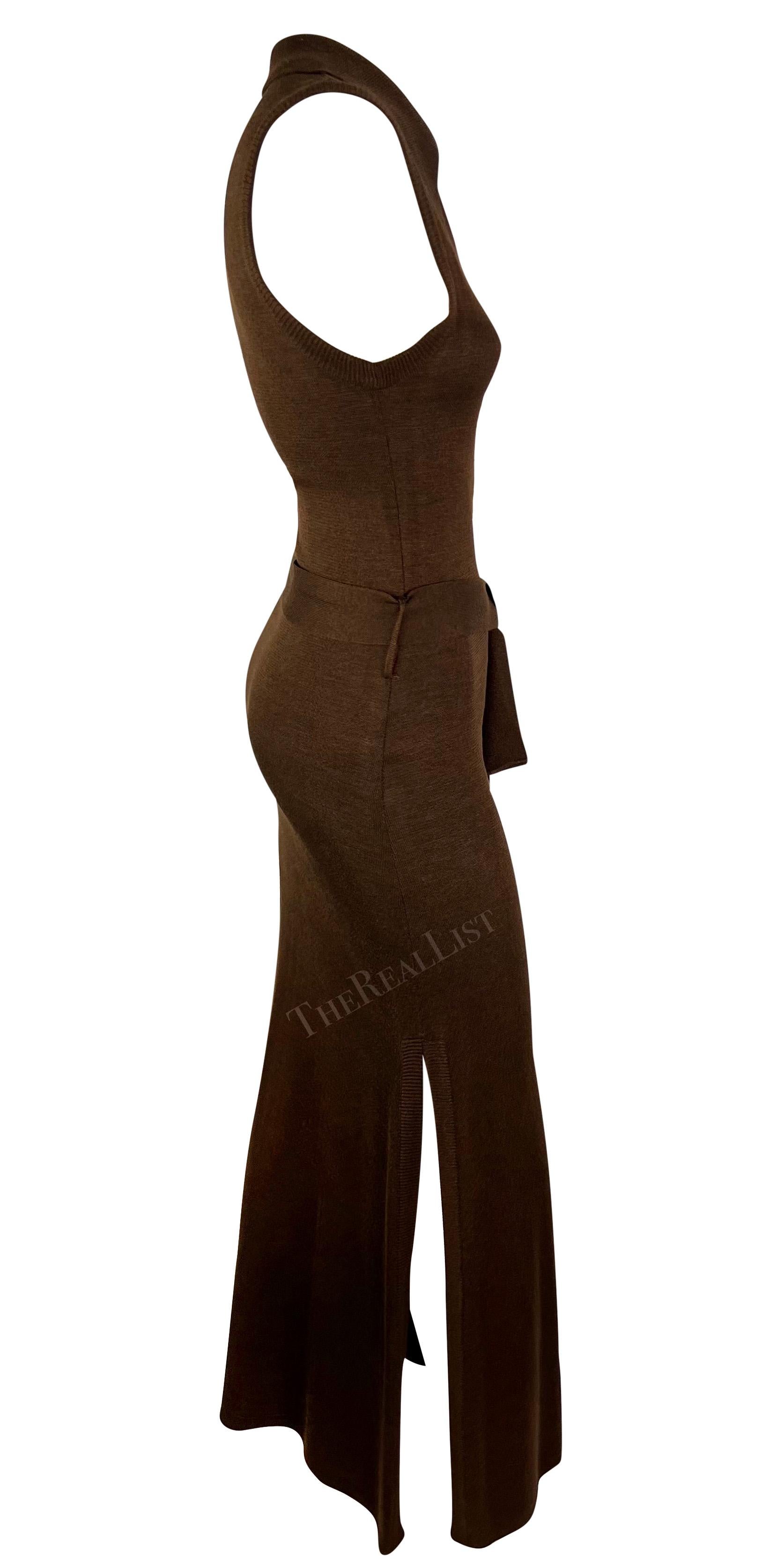 S/S 1996 Dolce & Gabbana Runway Brown Knit Bodycon Belted Maxi Collared Dress For Sale 4