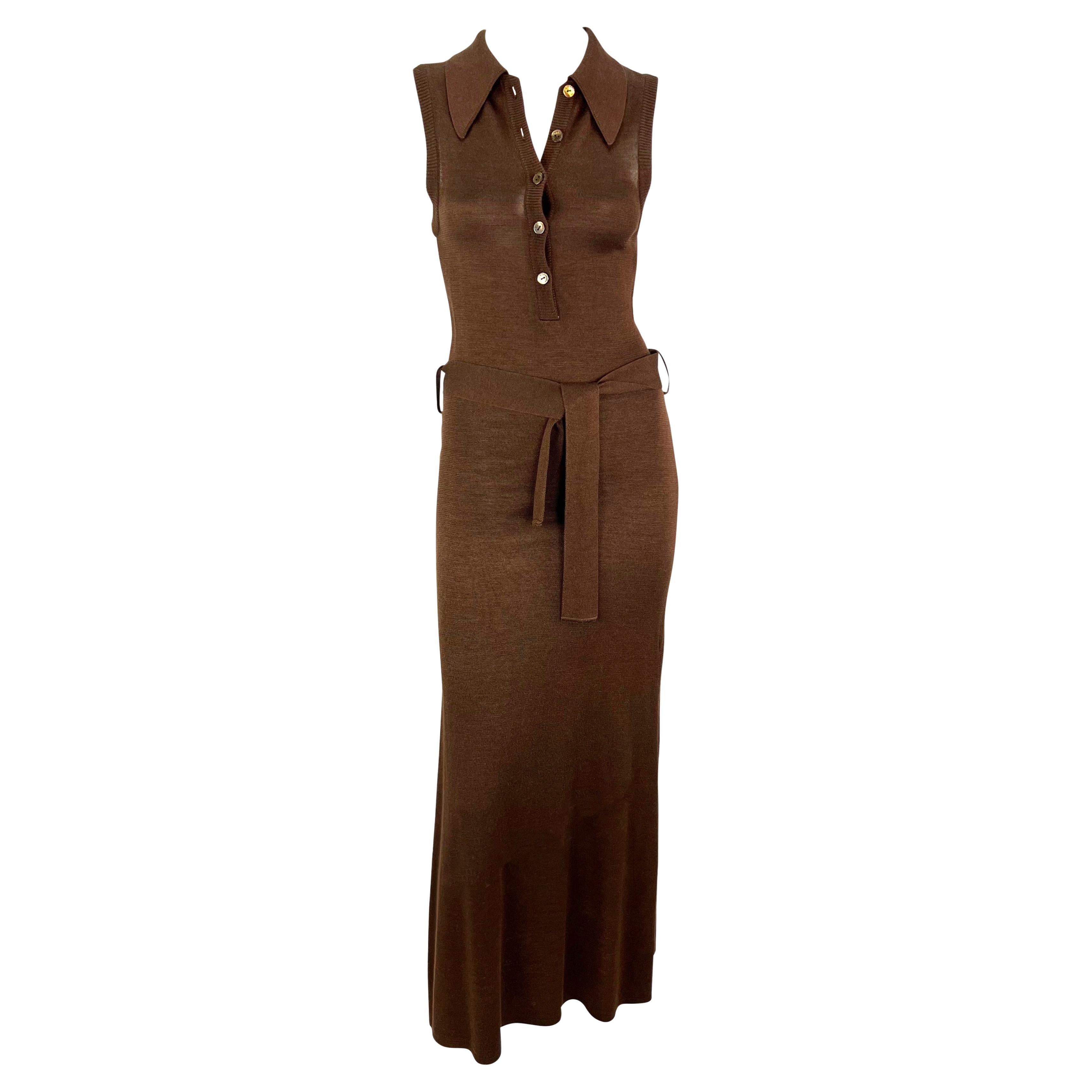 S/S 1996 Dolce & Gabbana Runway Brown Knit Bodycon Belted Maxi Collared Dress For Sale