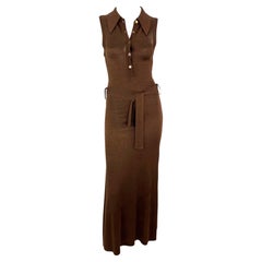 S/S 1996 Dolce & Gabbana Runway Brown Bodycon Ceted Maxi Collared Dress en tricot