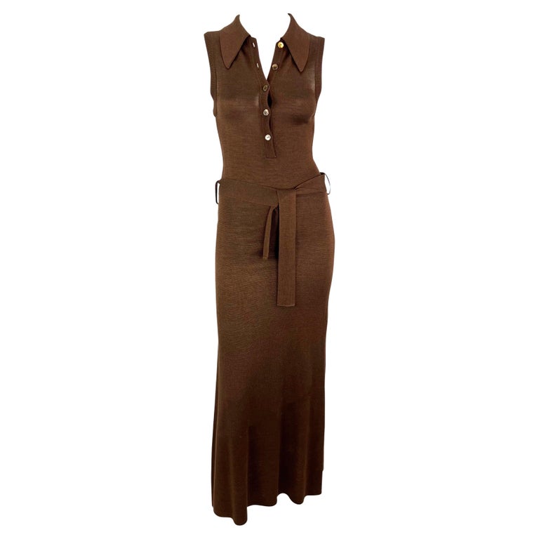 S/S 1996 Dolce and Gabbana Runway Brown Knit Bodycon Belted Maxi Collared  Dress For Sale at 1stDibs