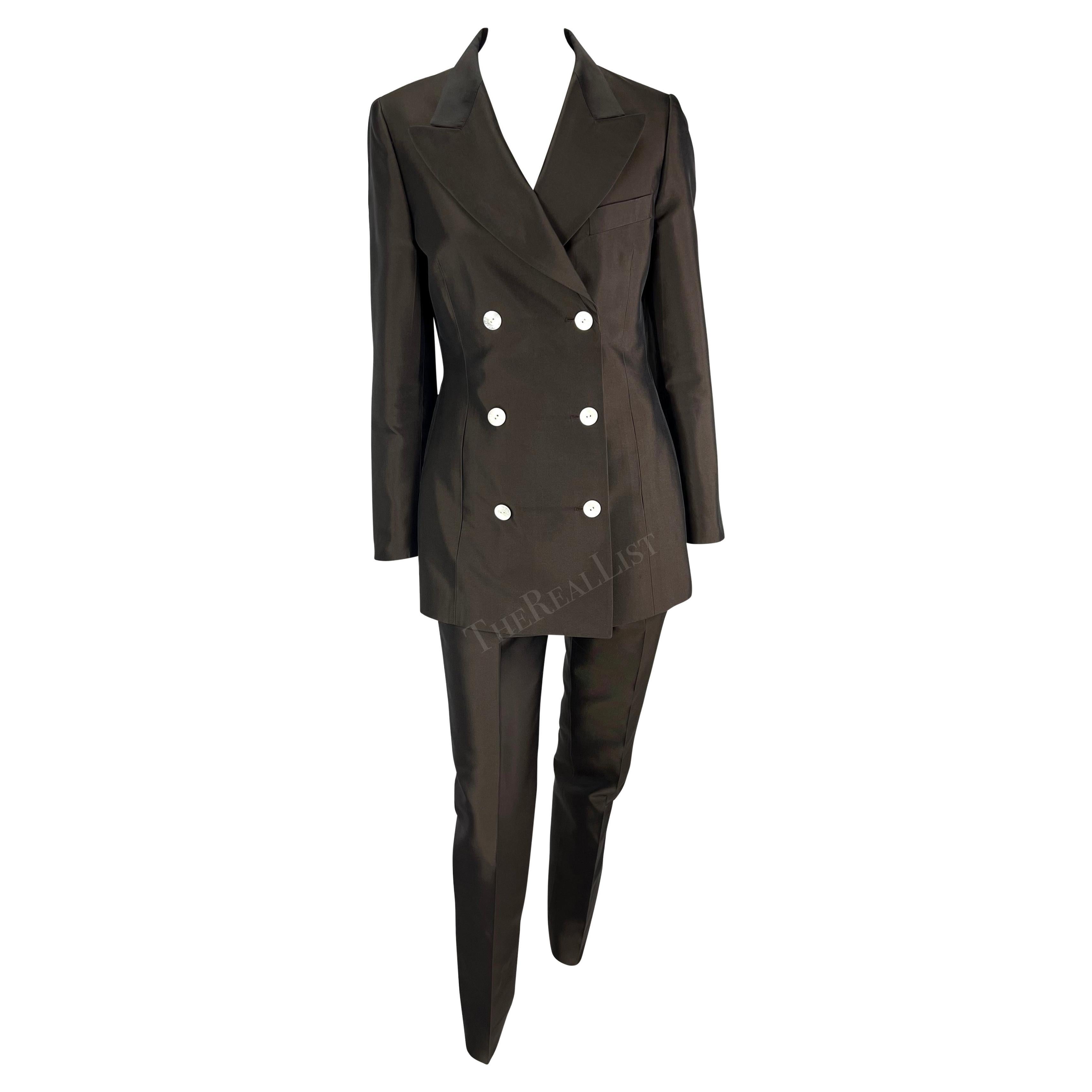 S/S 1996 Dolce & Gabbana Runway Brown Silk Double Breasted Pantsuit For Sale