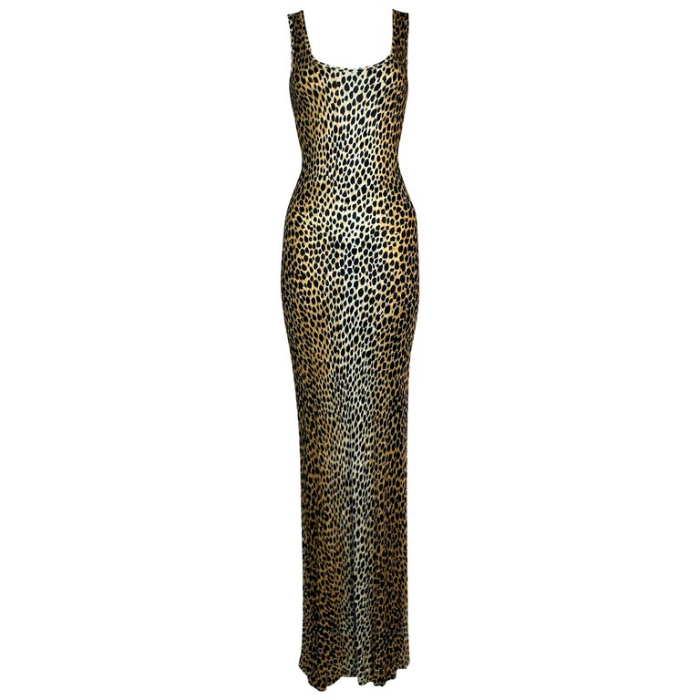 S/S 1996 Dolce and Gabbana Runway Cheetah Extra Long Slinky Gown Maxi ...