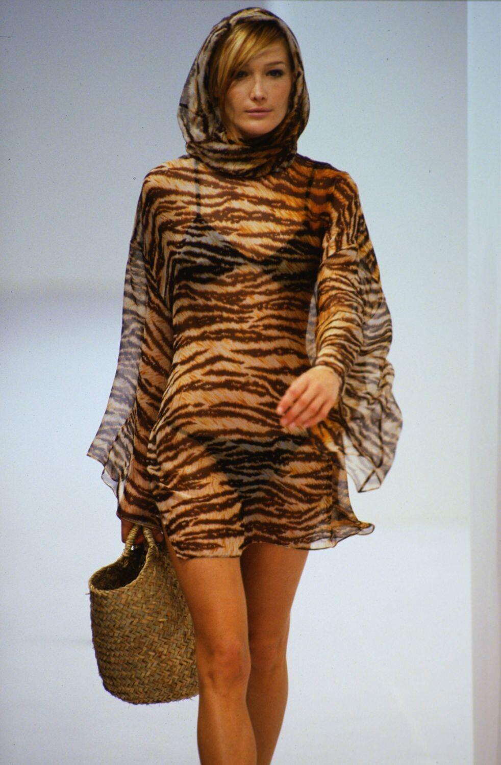 S/S 1996 Dolce & Gabbana Runway Cheetah Print Sheer Silk Hooded Poncho Tunic In Excellent Condition In West Hollywood, CA