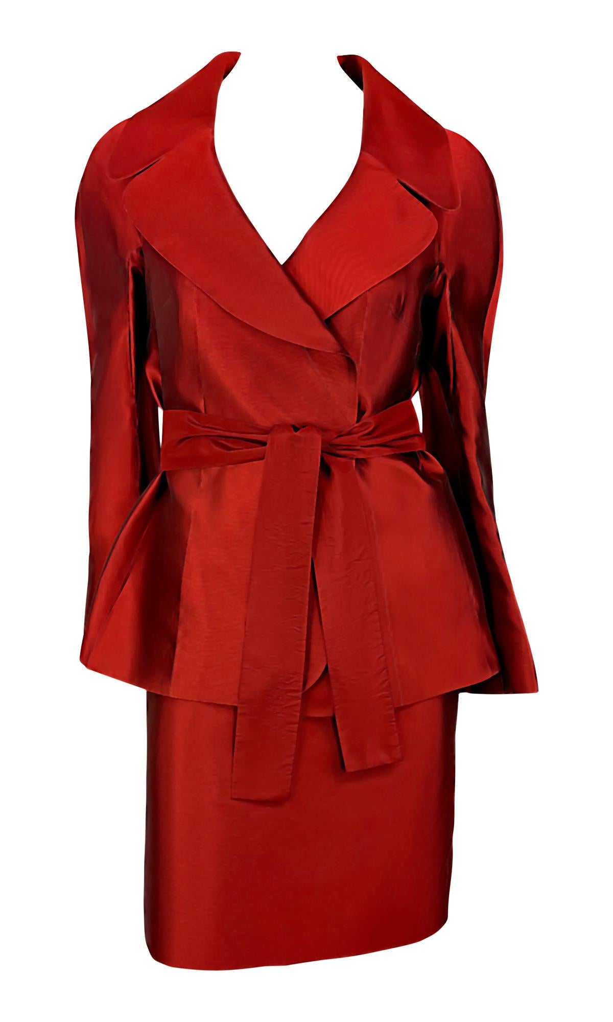 S/S 1996 Dolce & Gabbana Runway Deep Red Silk Satin Taffeta Belted Skirt Suit For Sale 6