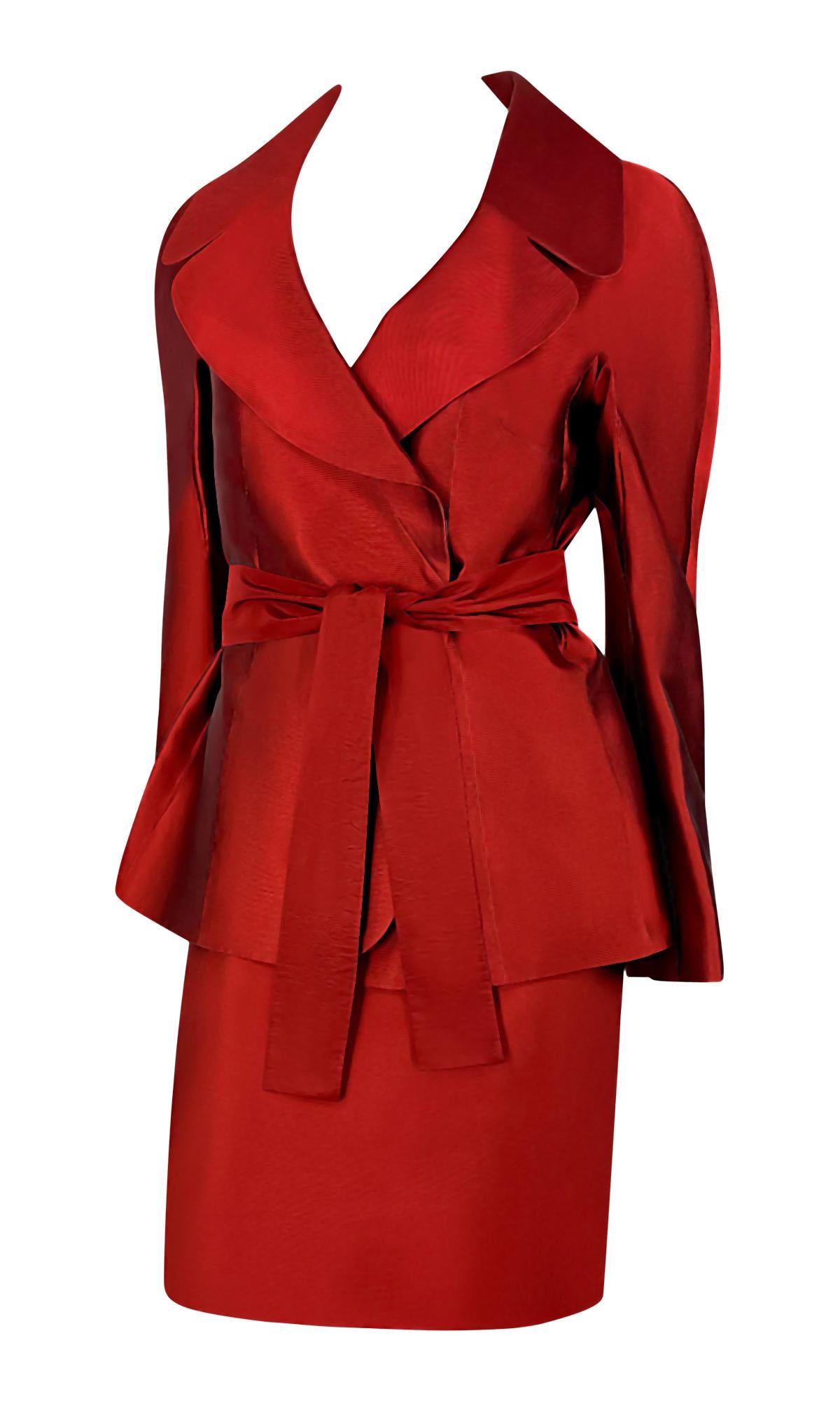Women's S/S 1996 Dolce & Gabbana Runway Deep Red Silk Satin Taffeta Belted Skirt Suit For Sale