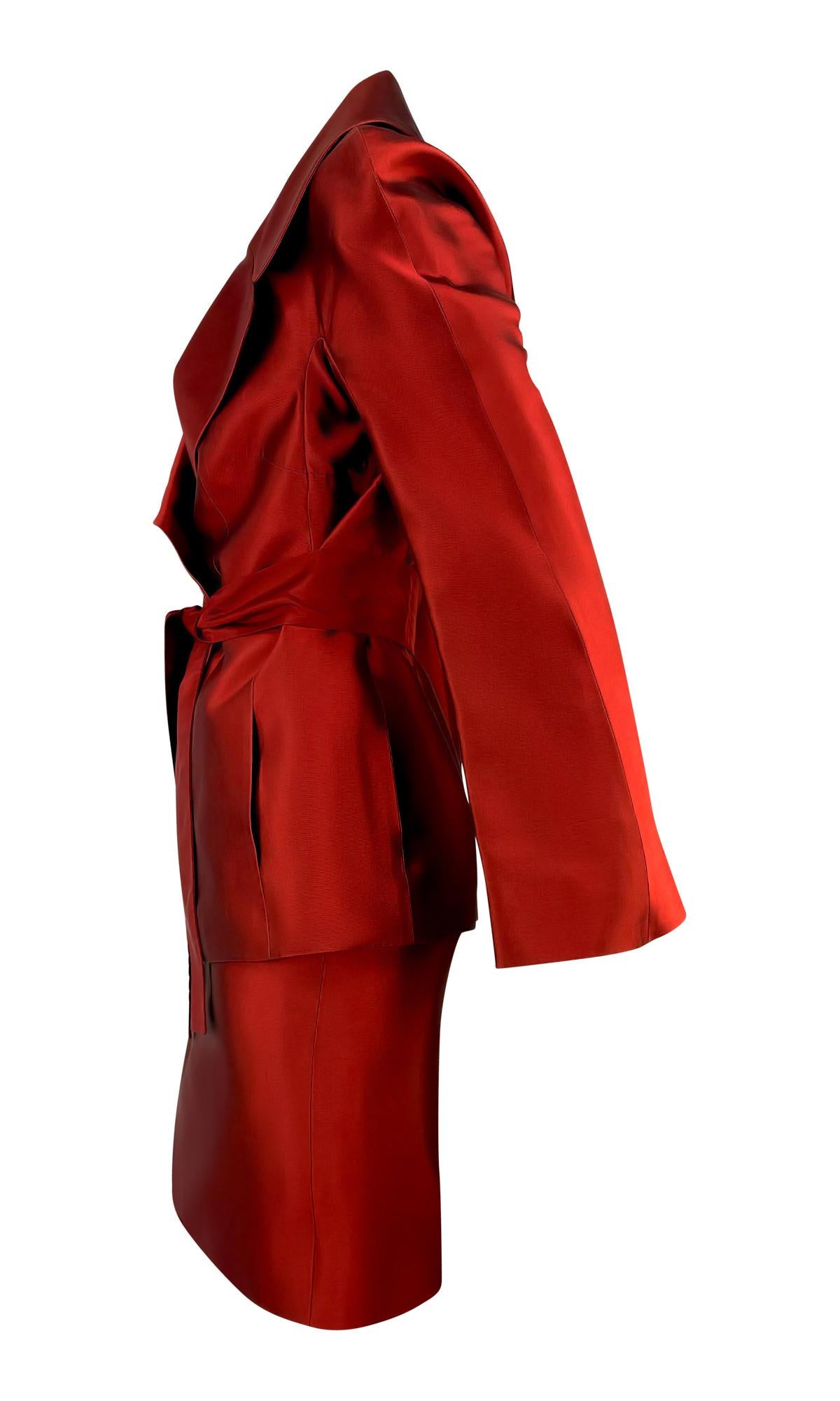 S/S 1996 Dolce & Gabbana Runway Deep Red Silk Satin Taffeta Belted Skirt Suit For Sale 2